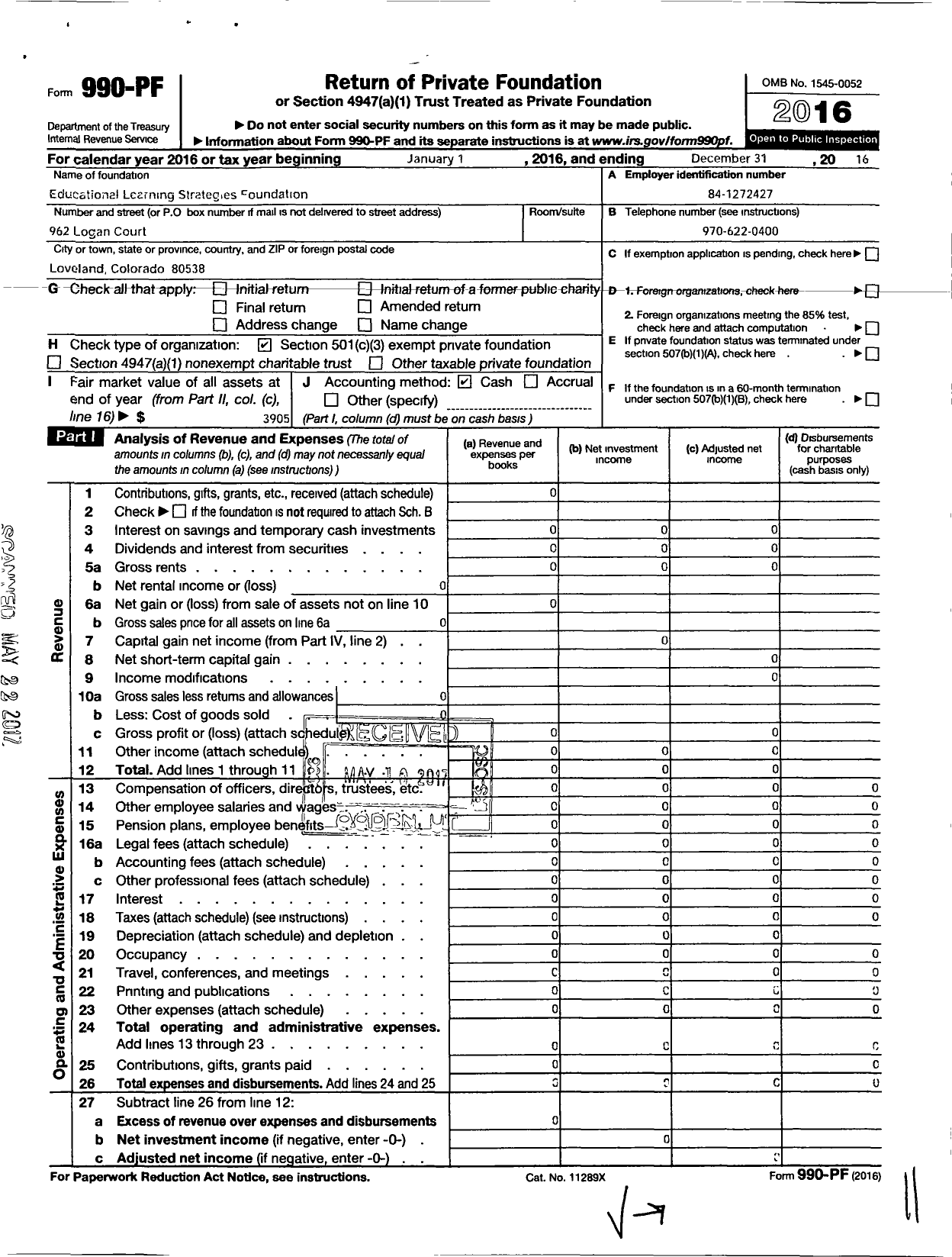 Image of first page of 2016 Form 990PF for Educational Learning Strategies Foundation