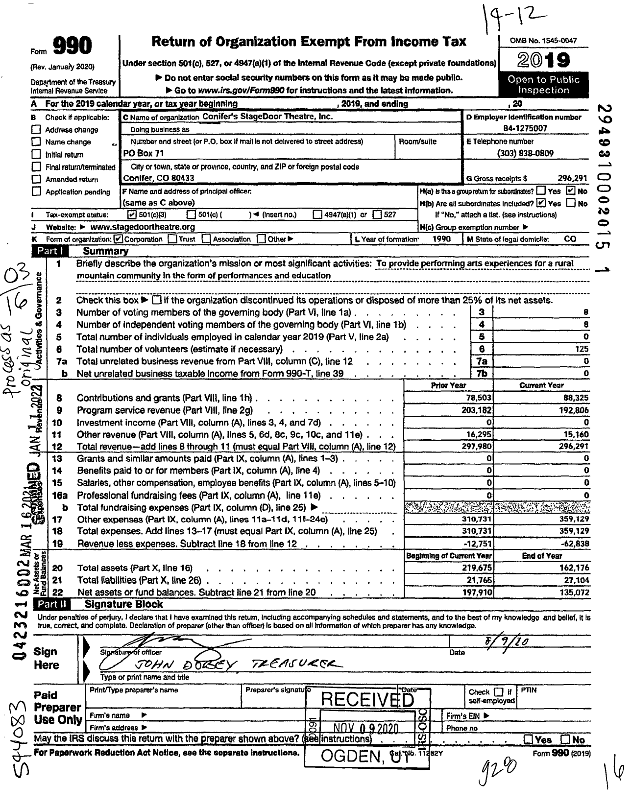 Image of first page of 2019 Form 990 for Conifers StageDoor Theatre