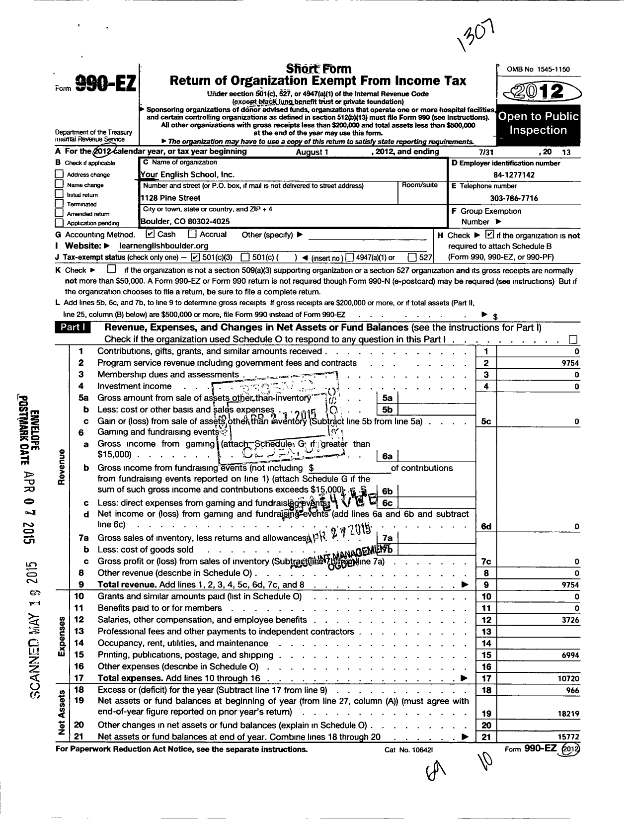 Image of first page of 2012 Form 990EZ for Your English School