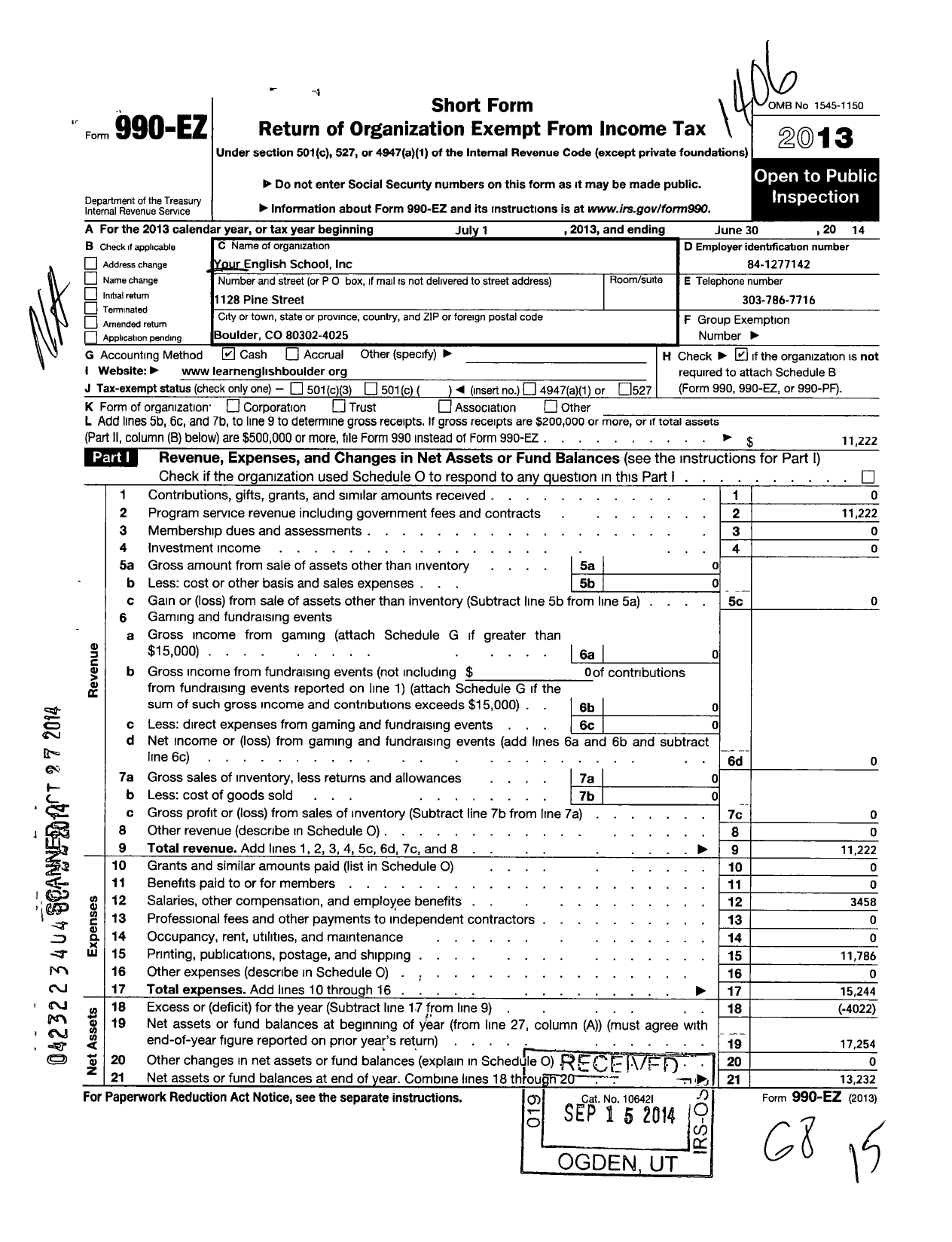 Image of first page of 2013 Form 990EO for Your English School