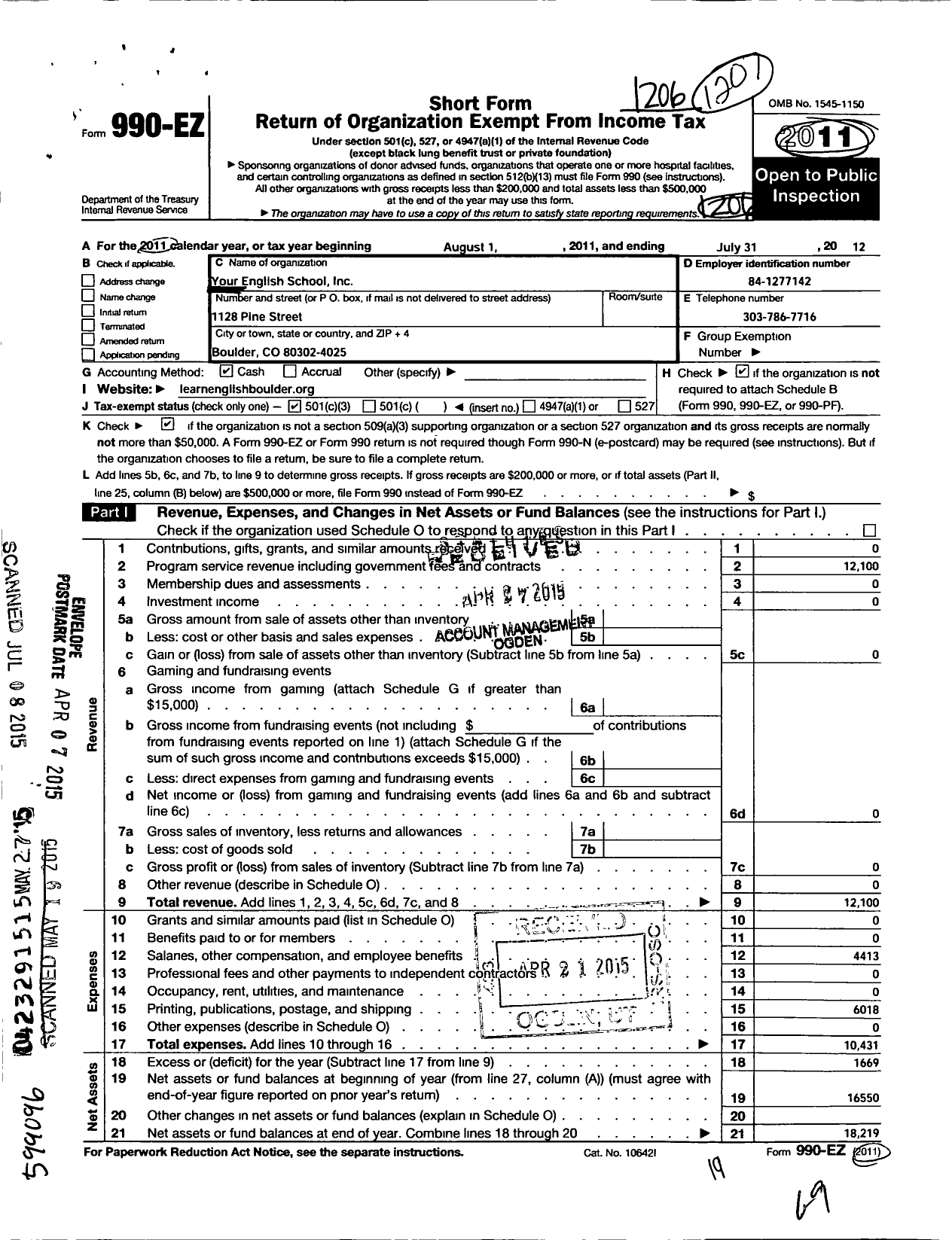 Image of first page of 2011 Form 990EZ for Your English School