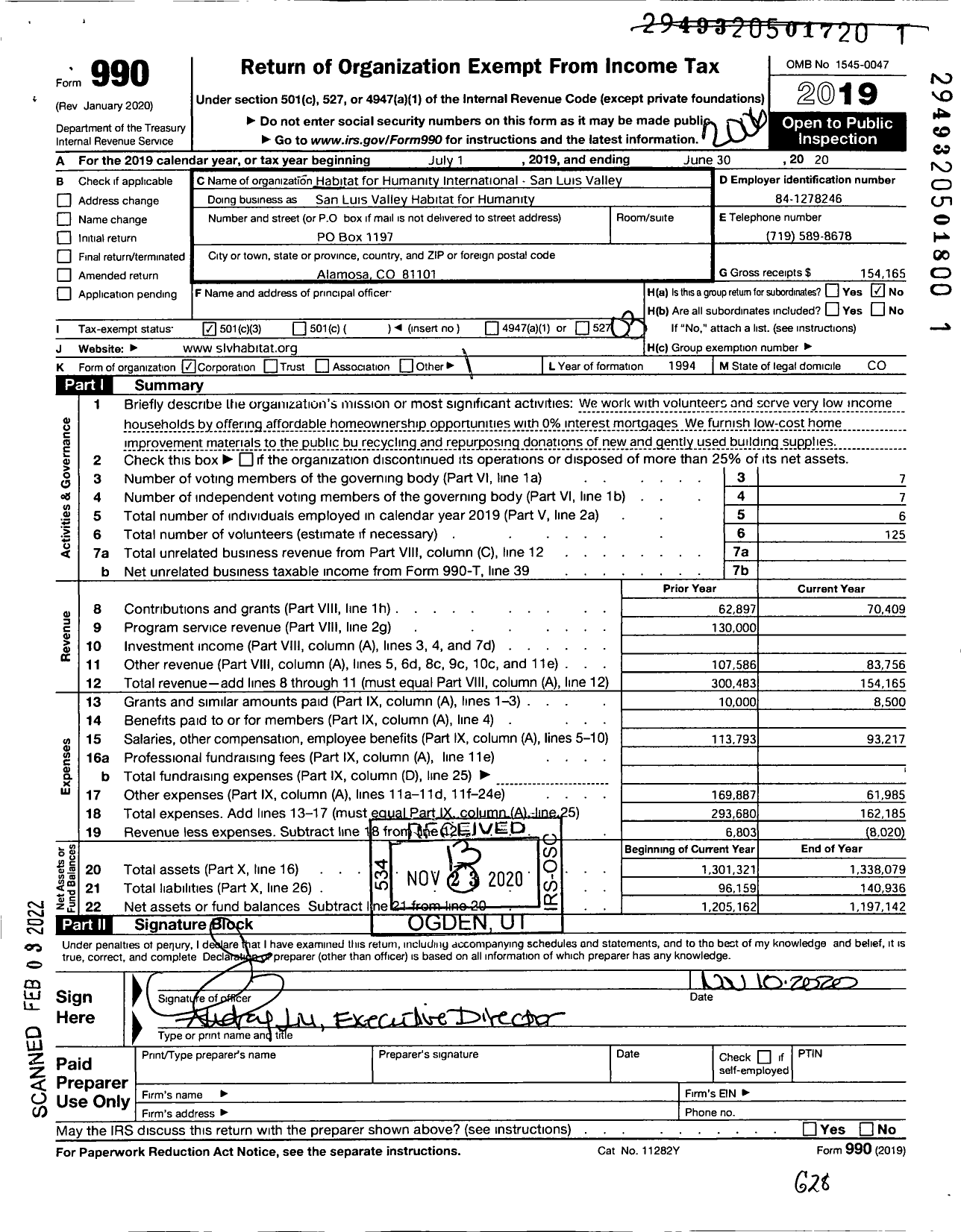 Image of first page of 2019 Form 990 for Habitat for Humanity - San Luis Valley Habitat for Humanity