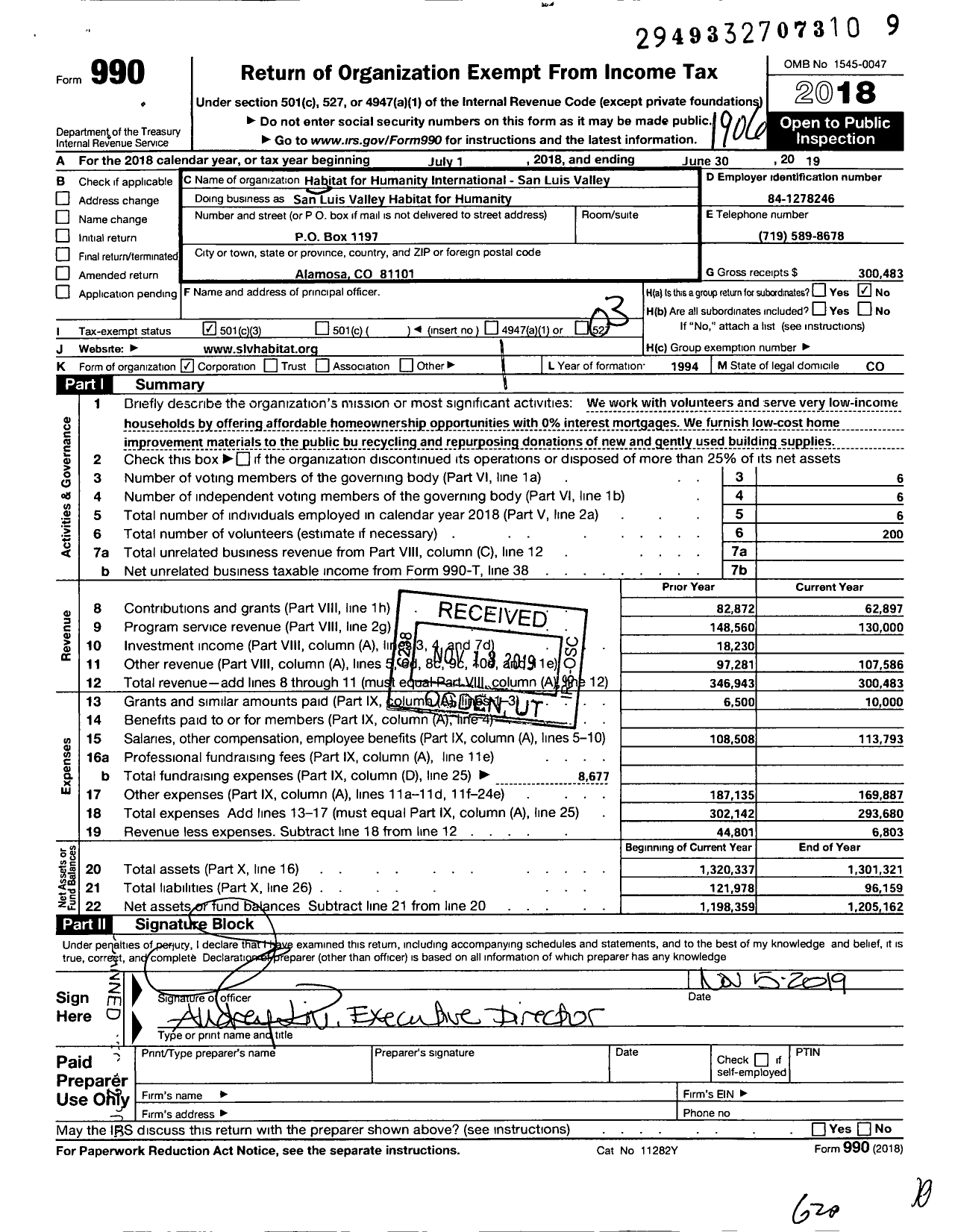 Image of first page of 2018 Form 990 for Habitat for Humanity - San Luis Valley Habitat for Humanity