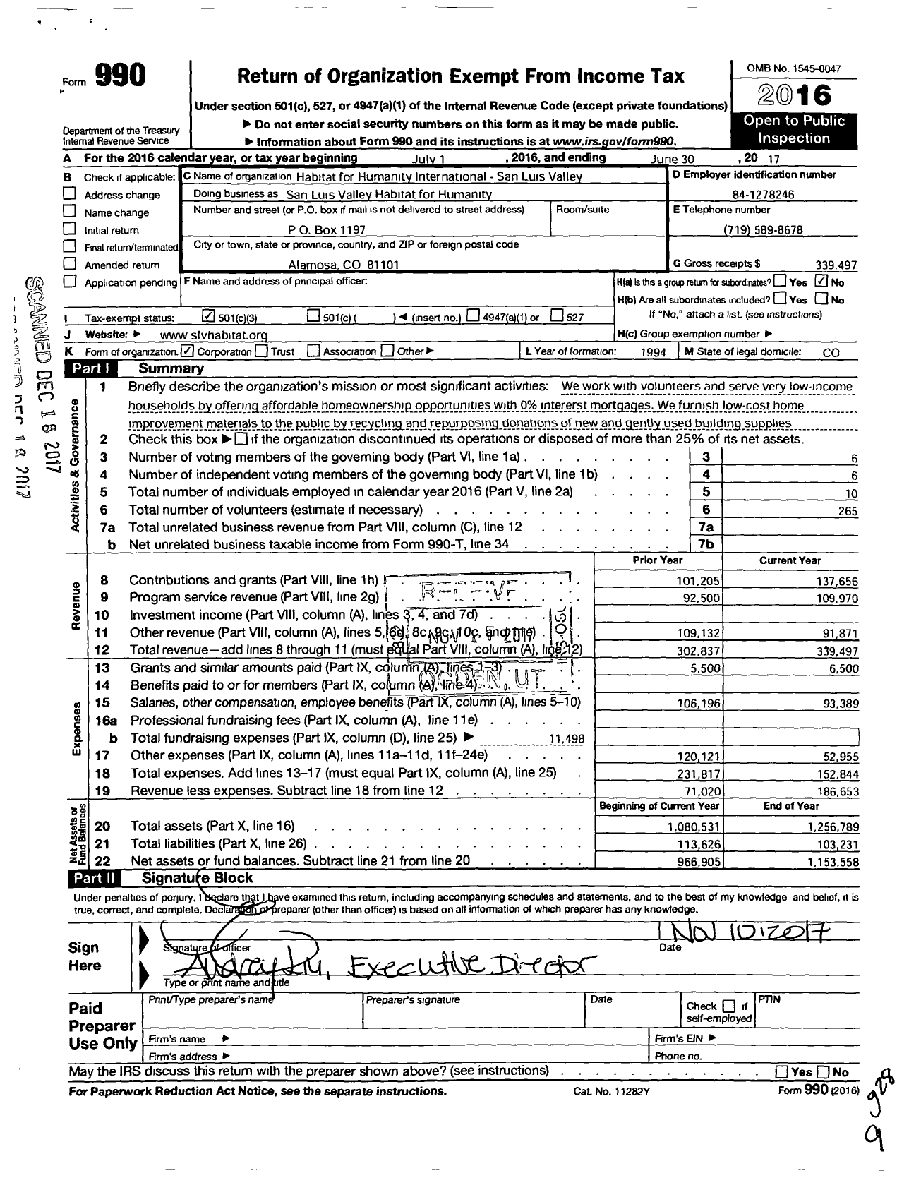 Image of first page of 2016 Form 990 for Habitat for Humanity - San Luis Valley Habitat for Humanity