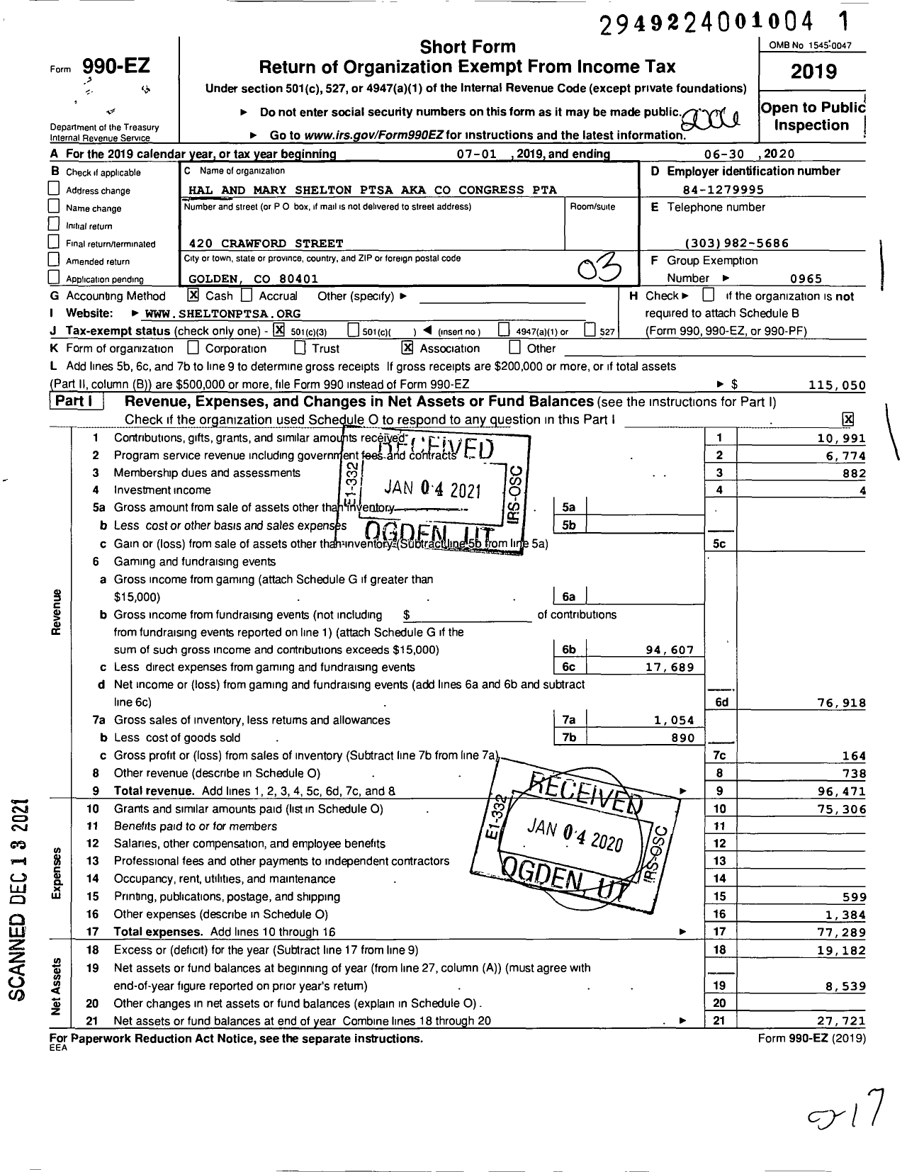 Image of first page of 2019 Form 990EZ for PTA Hal and Mary Shelton