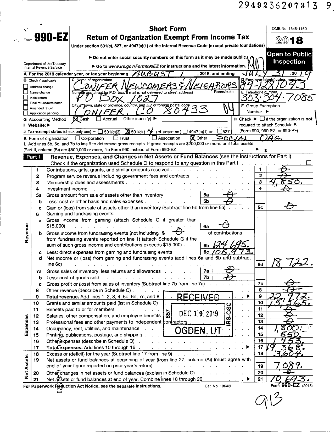 Image of first page of 2018 Form 990EO for Conifer Newcomers and Neighbors