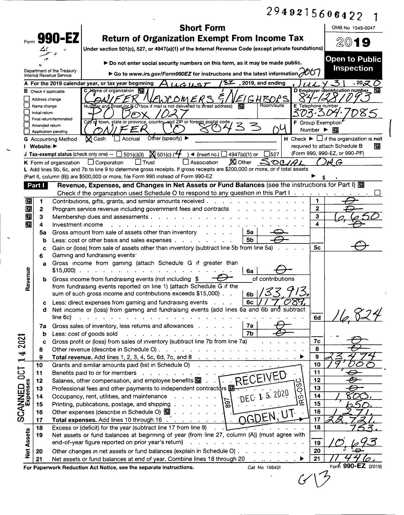 Image of first page of 2019 Form 990EO for Conifer Newcomers and Neighbors