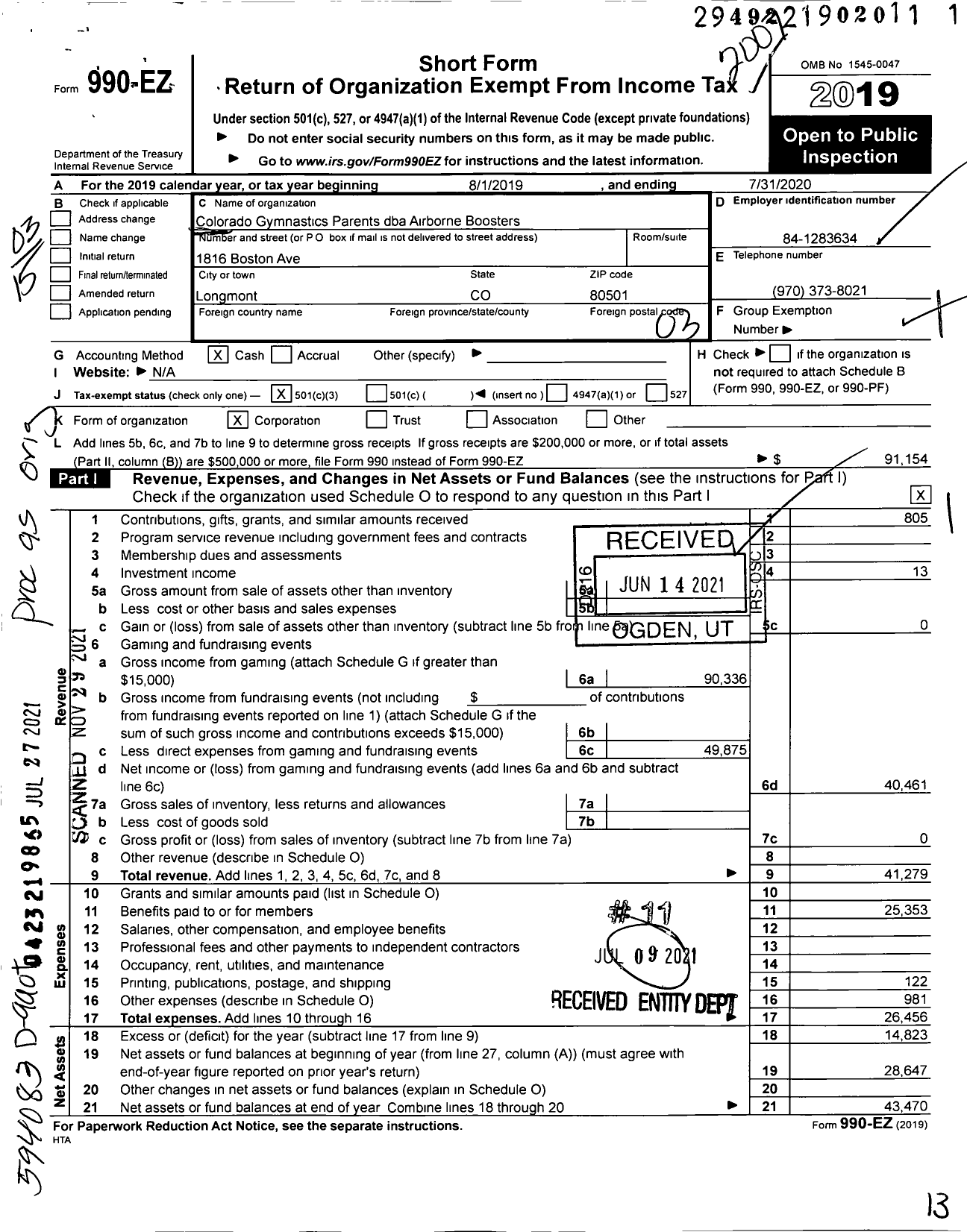 Image of first page of 2019 Form 990EZ for Colorado Gymnastics Parents