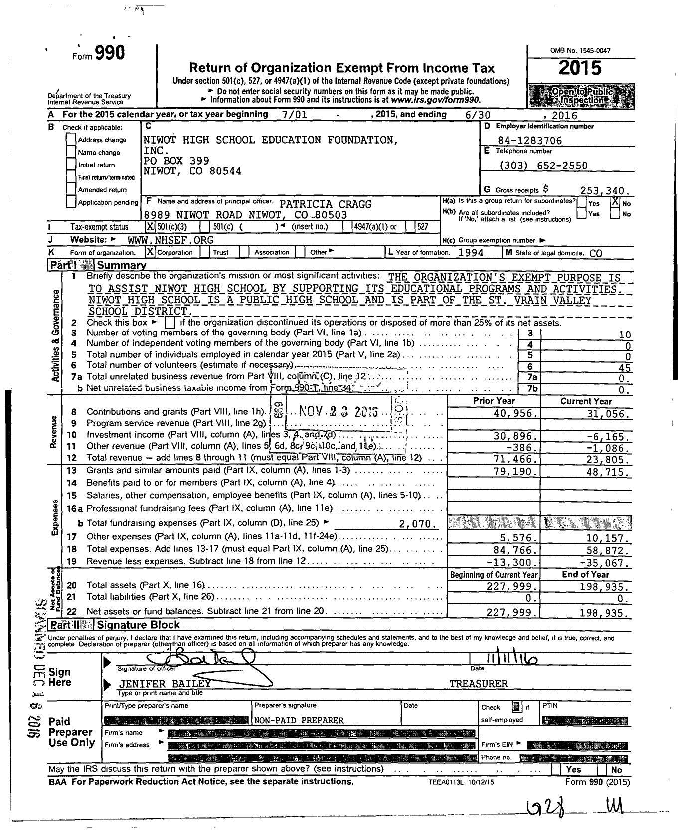 Image of first page of 2015 Form 990 for Niwot High School Education Foundation