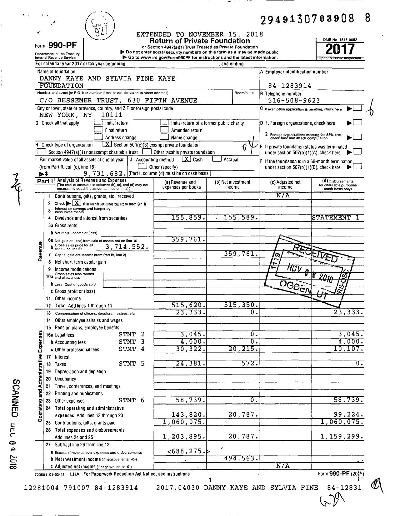 Image of first page of 2017 Form 990PF for Danny Kaye and Sylvia Fine Kaye Foundation