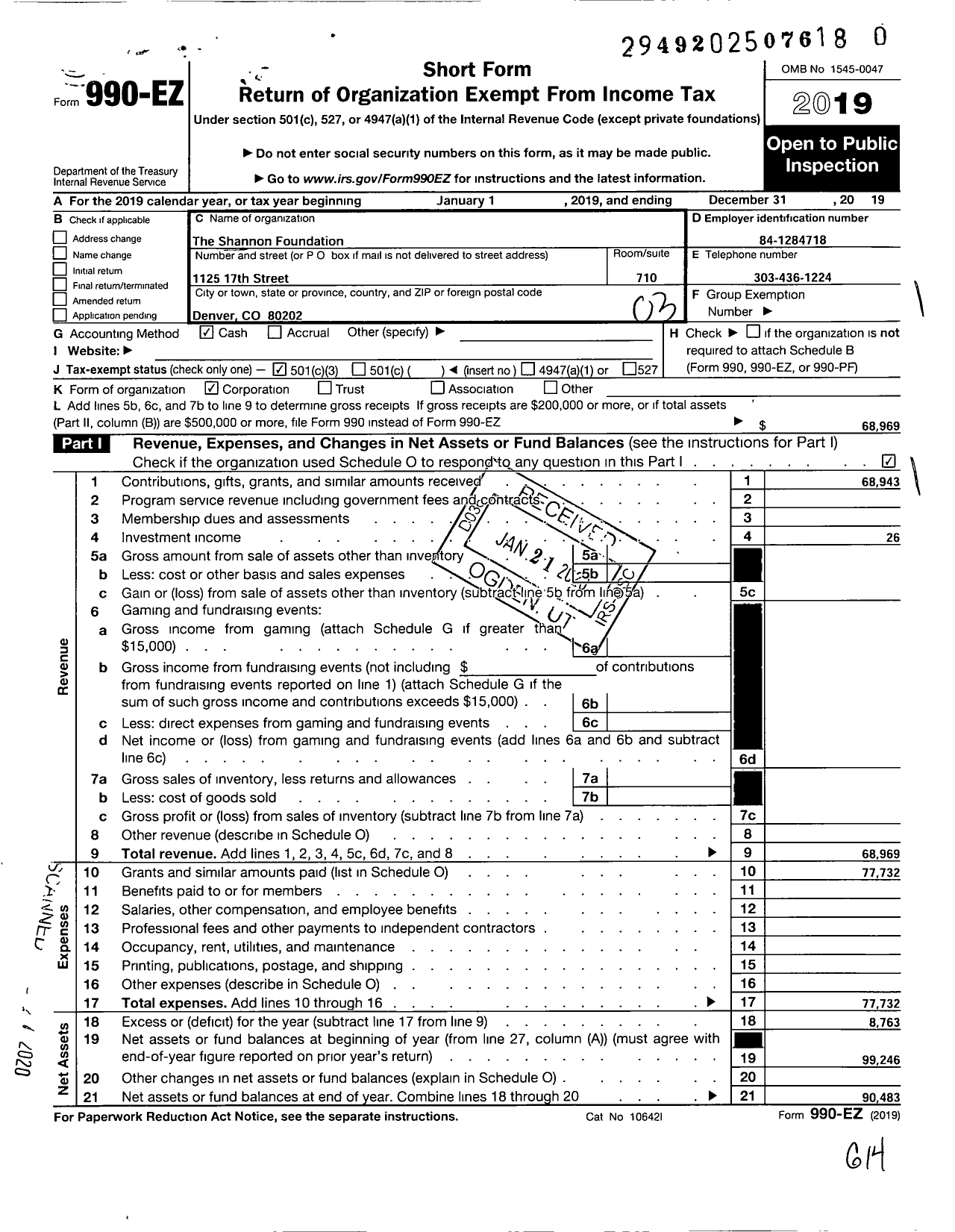 Image of first page of 2019 Form 990EZ for The Shannon Foundation