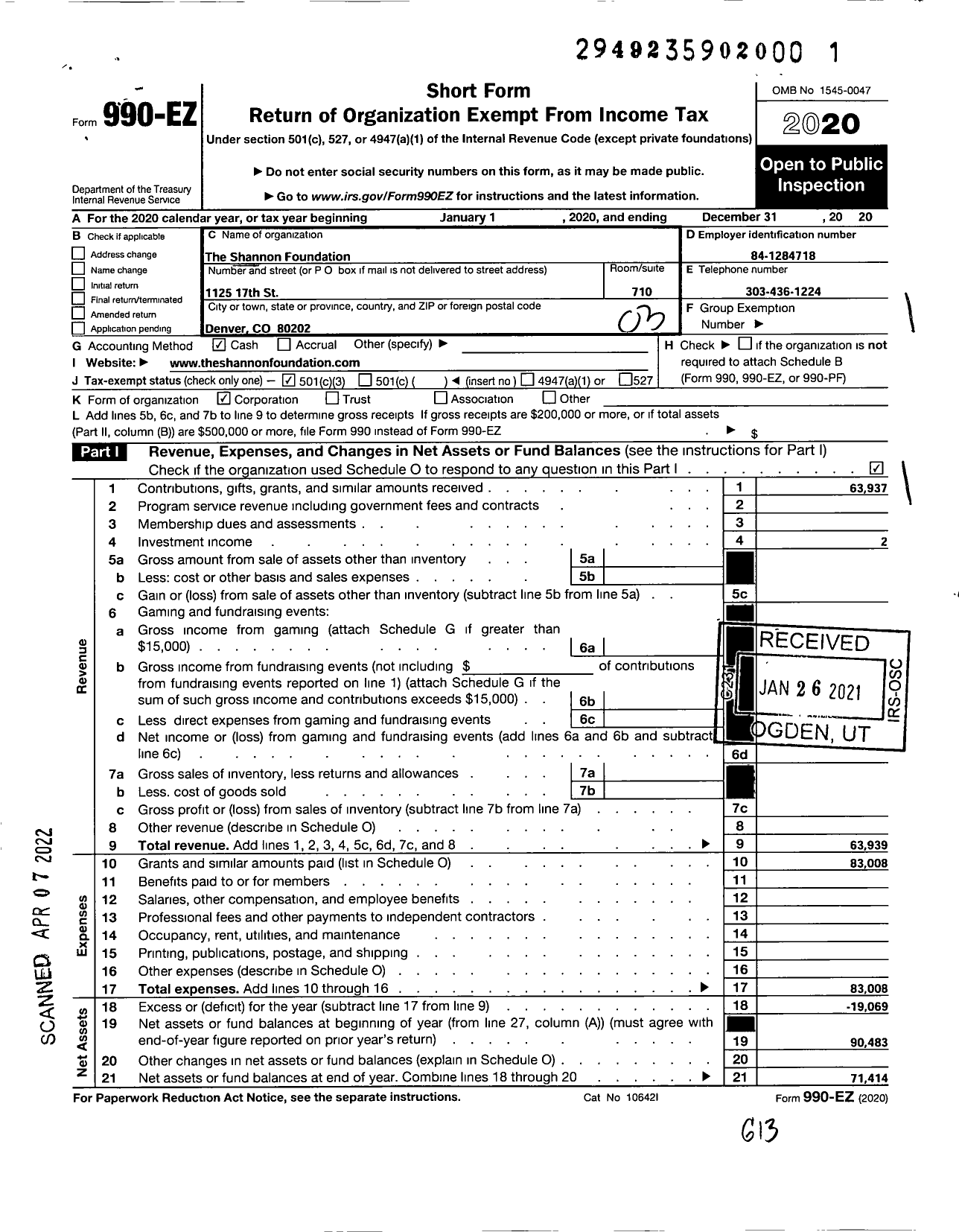 Image of first page of 2020 Form 990EZ for The Shannon Foundation