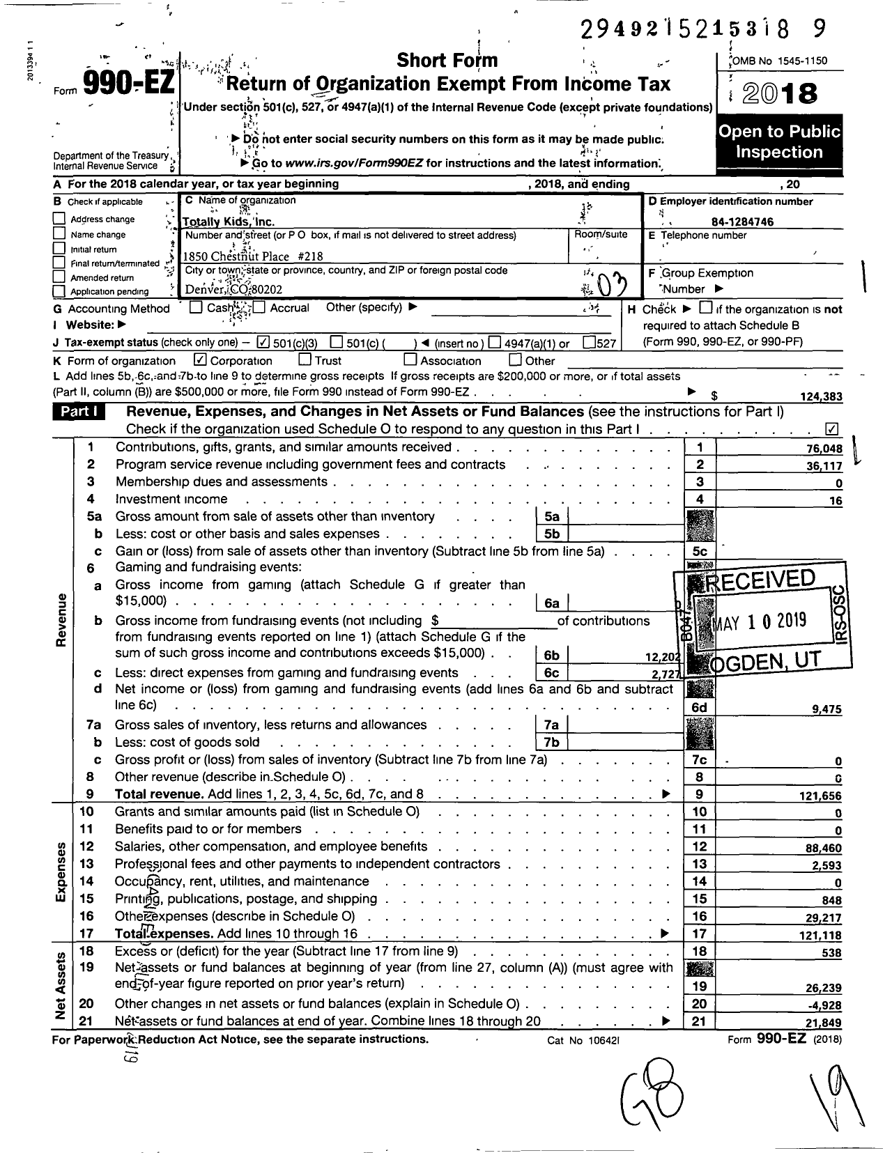 Image of first page of 2018 Form 990EZ for Totally Kids