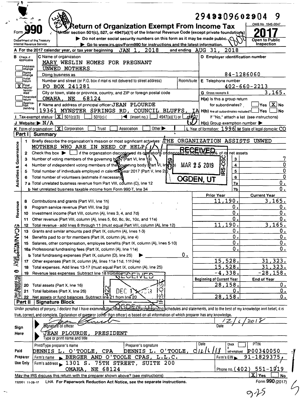 Image of first page of 2017 Form 990 for Mary Weslin Homes for Pregnant Unwed Mothers