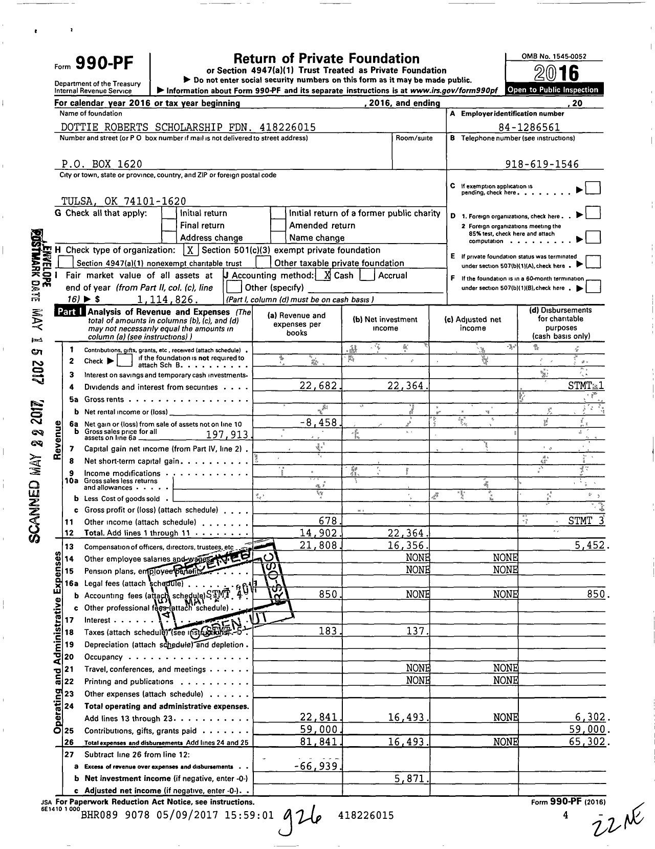 Image of first page of 2016 Form 990PF for Dottie Roberts Scholarship Foundation CLD XXX-XX-XXXX