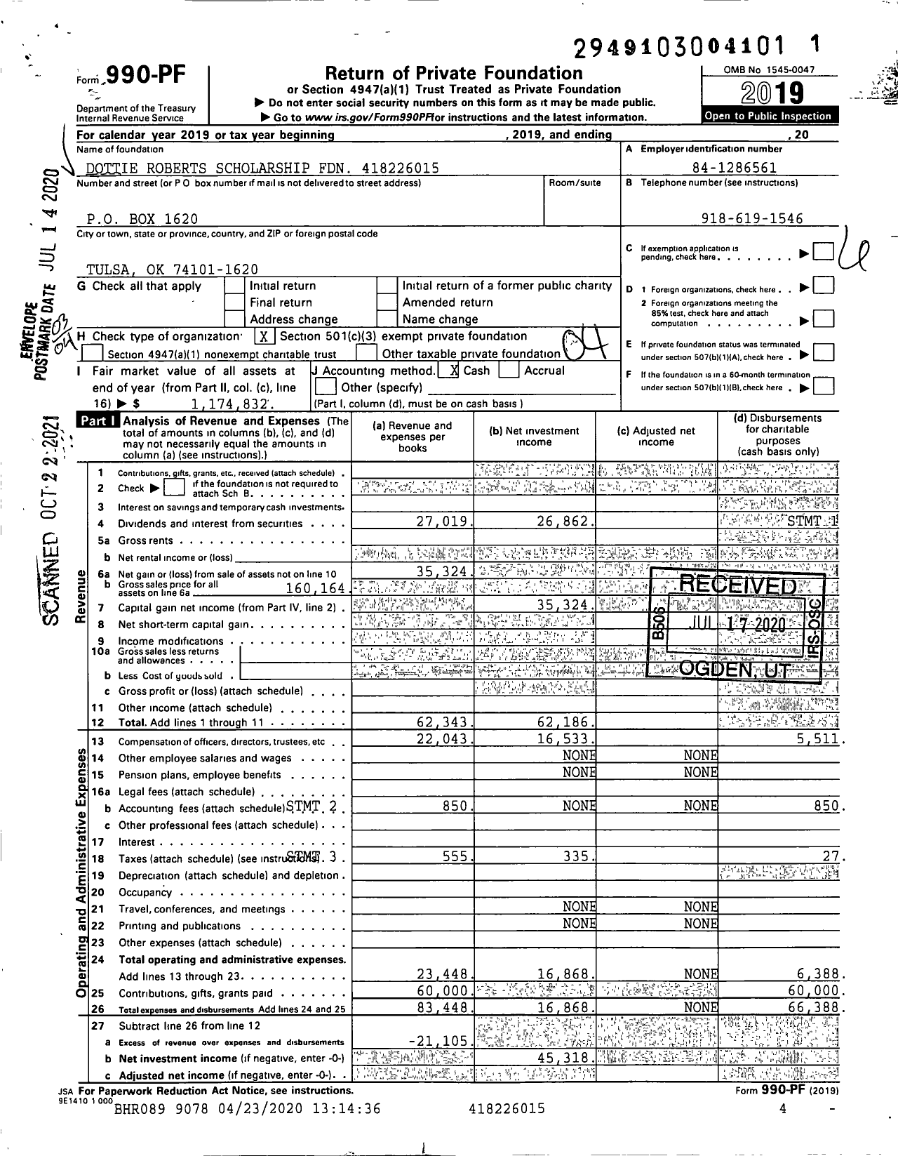 Image of first page of 2019 Form 990PF for Dottie Roberts Scholarship Foundation CLD XXX-XX-XXXX