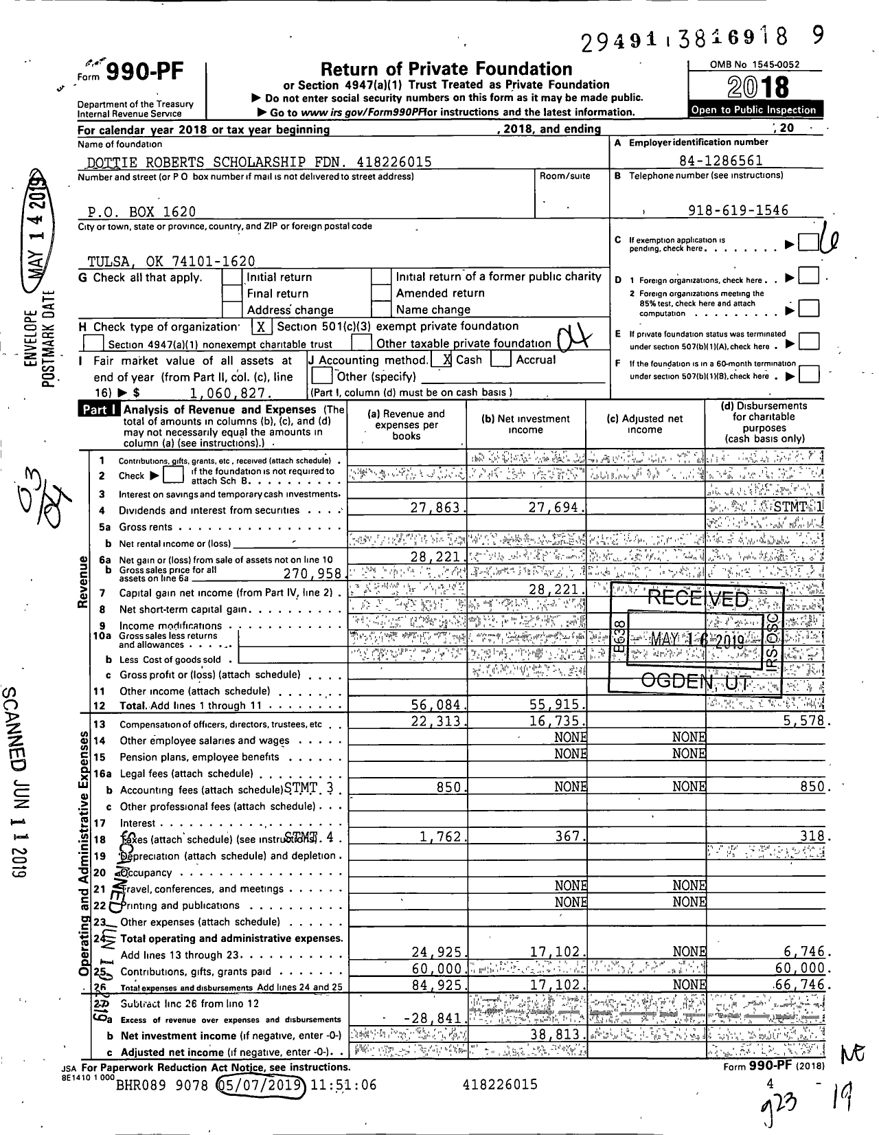 Image of first page of 2018 Form 990PF for Dottie Roberts Scholarship Foundation CLD XXX-XX-XXXX