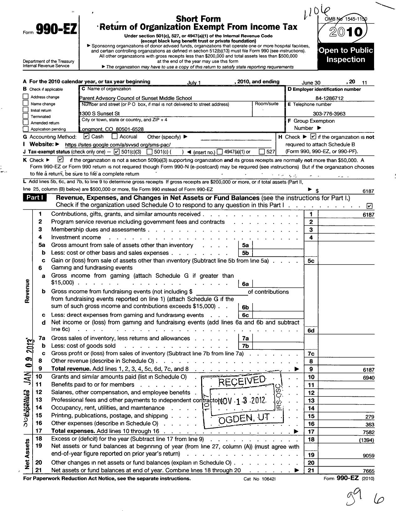 Image of first page of 2010 Form 990EZ for Parent Advisory Council of Sunset Middle School