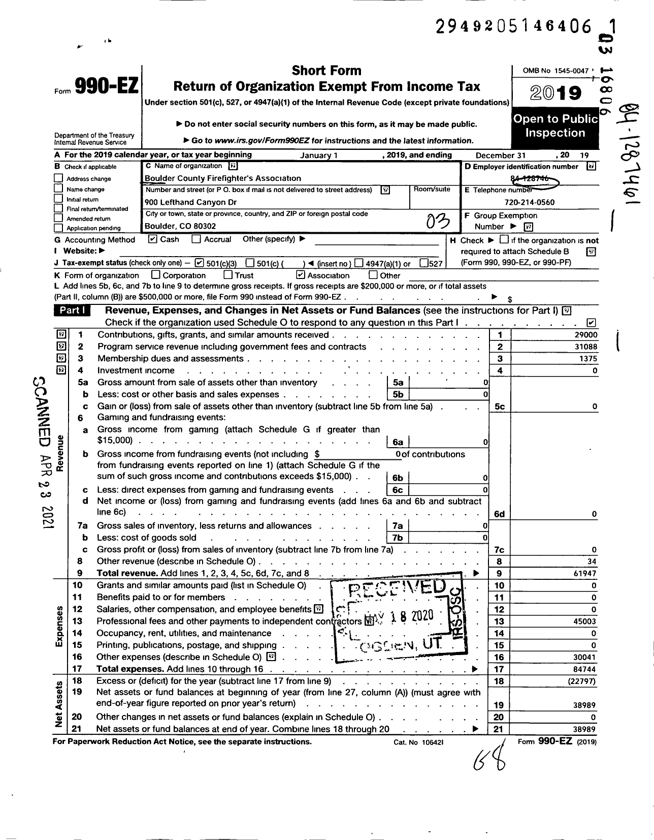 Image of first page of 2019 Form 990EZ for Boulder County Firefighters Fighters Association