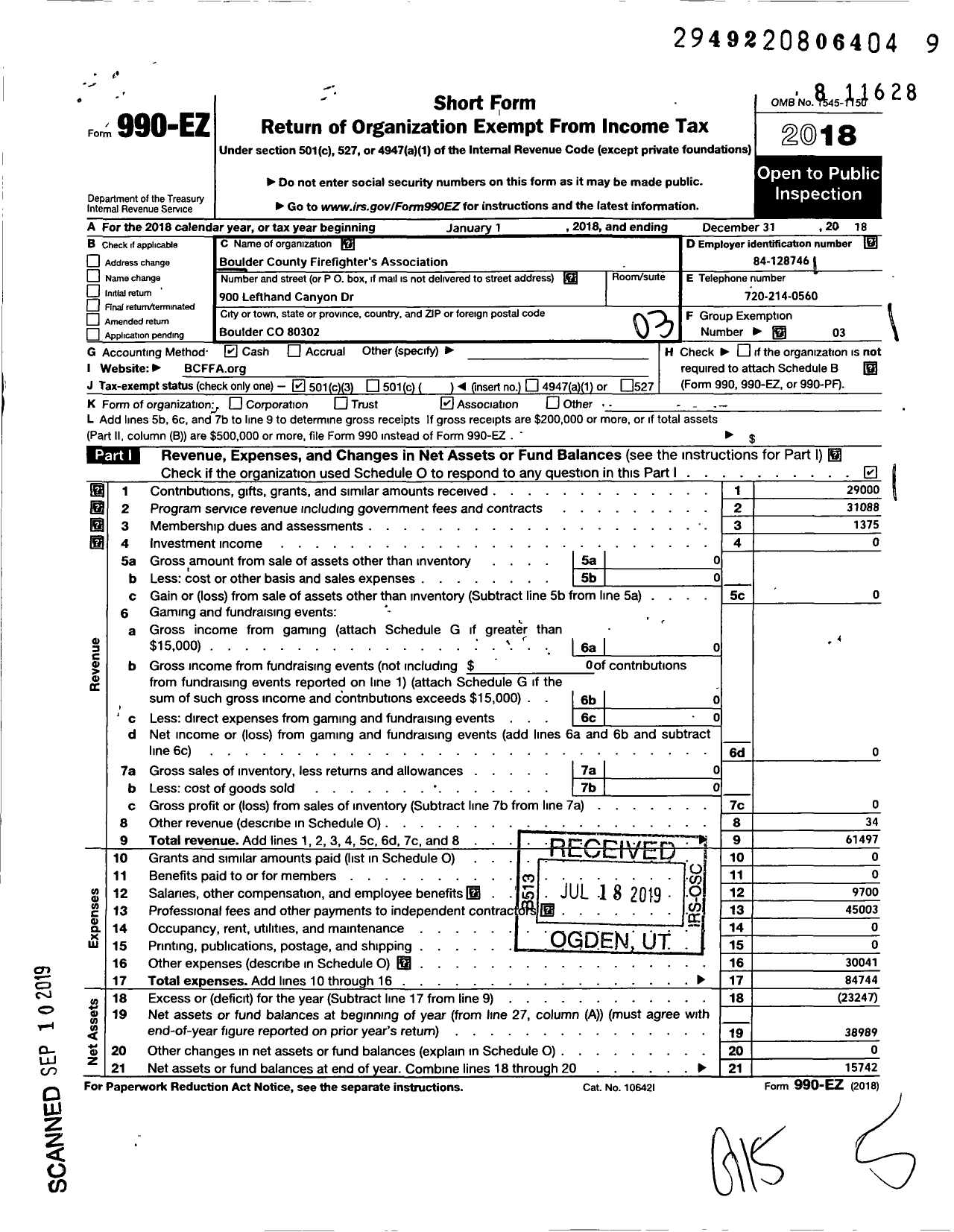 Image of first page of 2018 Form 990EZ for Boulder County Firefighters Fighters Association