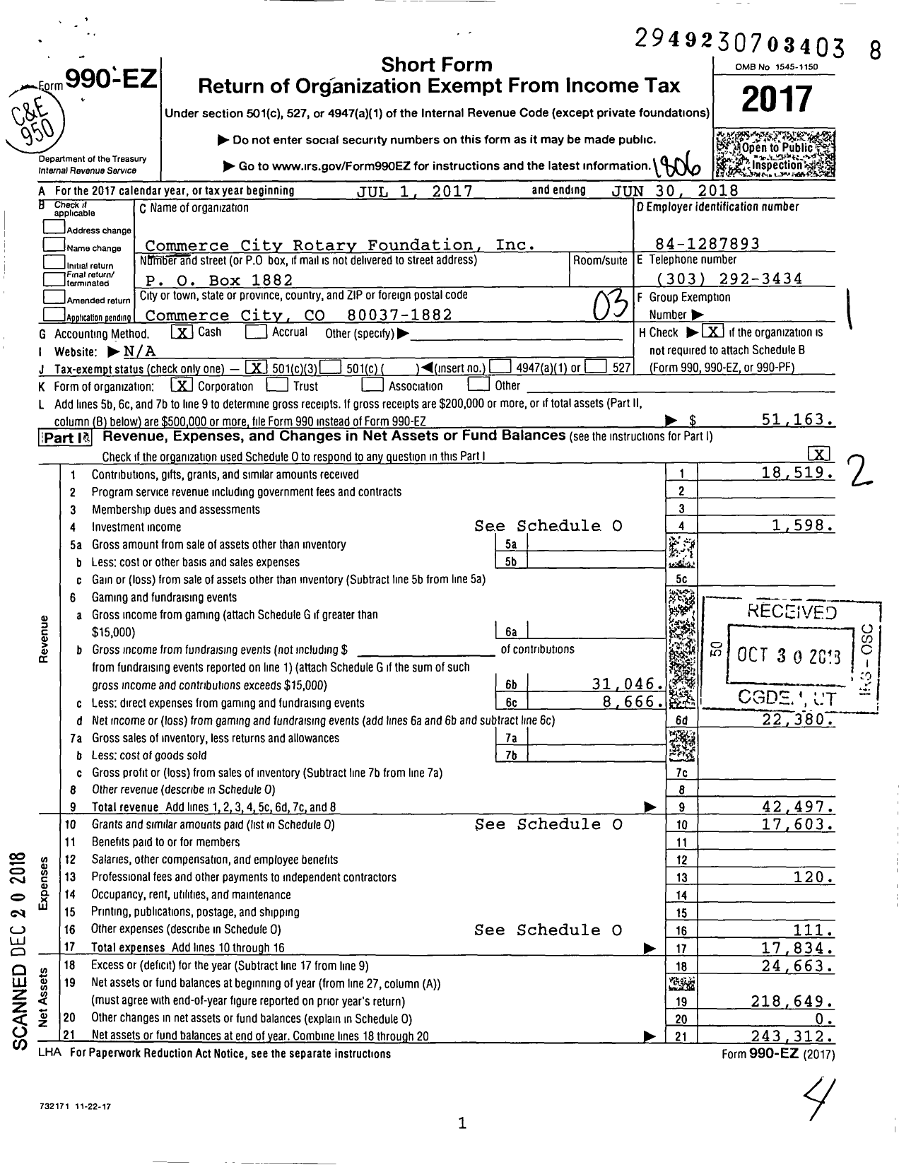 Image of first page of 2017 Form 990EZ for Commerce City Rotary Foundation