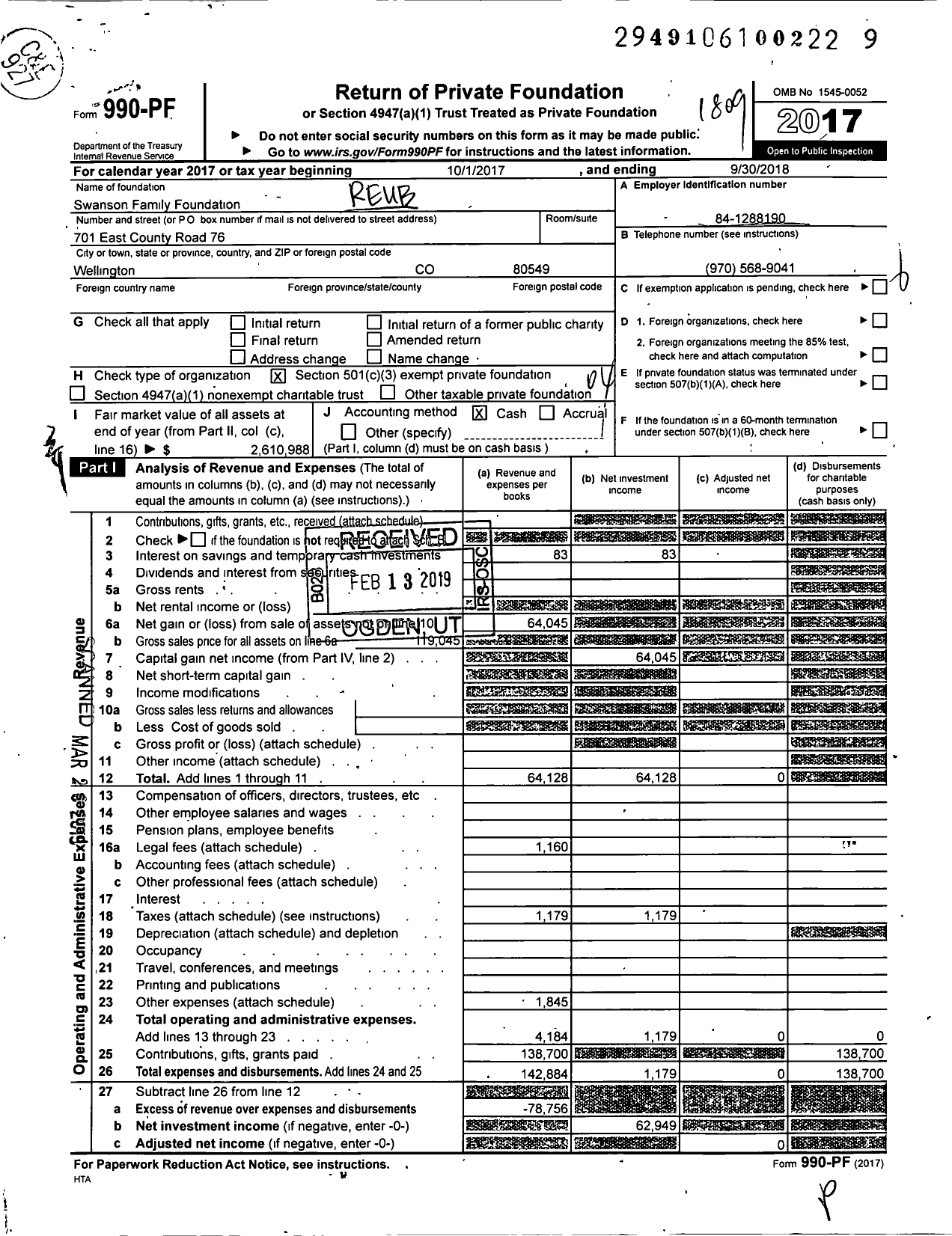 Image of first page of 2017 Form 990PF for Swanson Family Foundation