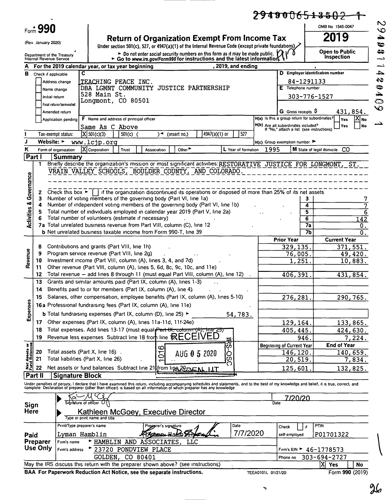 Image of first page of 2019 Form 990 for Longmont Community Justice Partnership