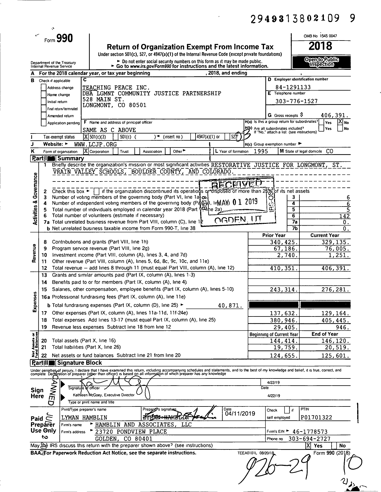 Image of first page of 2018 Form 990 for Longmont Community Justice Partnership