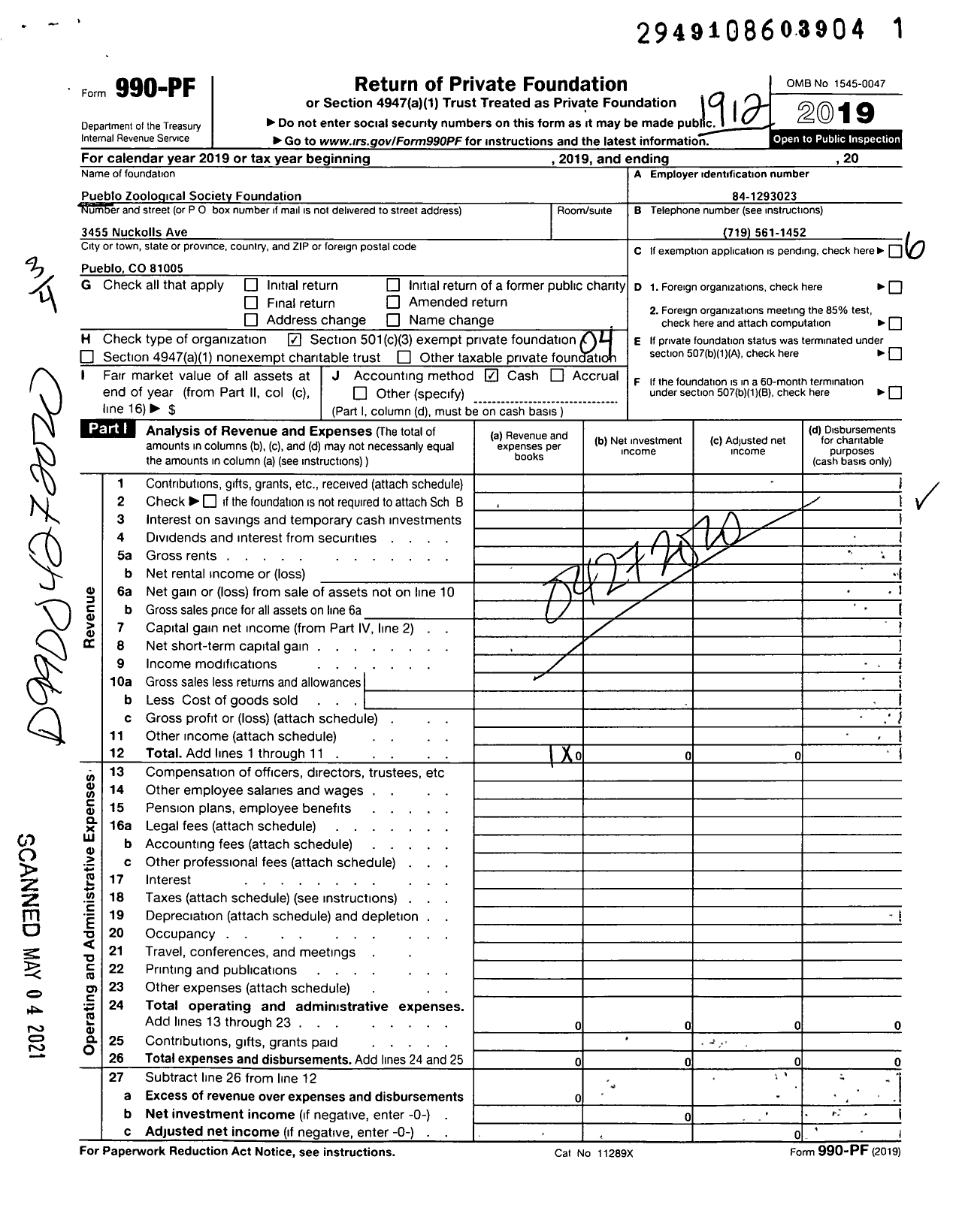 Image of first page of 2019 Form 990PF for Pueblo Zoological Society Foundation