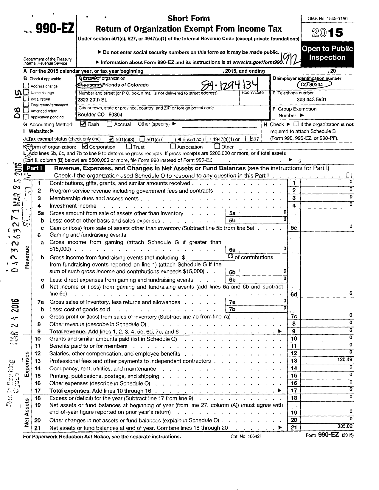 Image of first page of 2015 Form 990EZ for 1000 Friends of Colorado