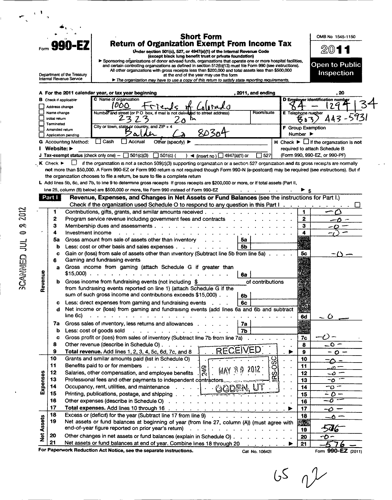 Image of first page of 2011 Form 990EO for 1000 Friends of Colorado