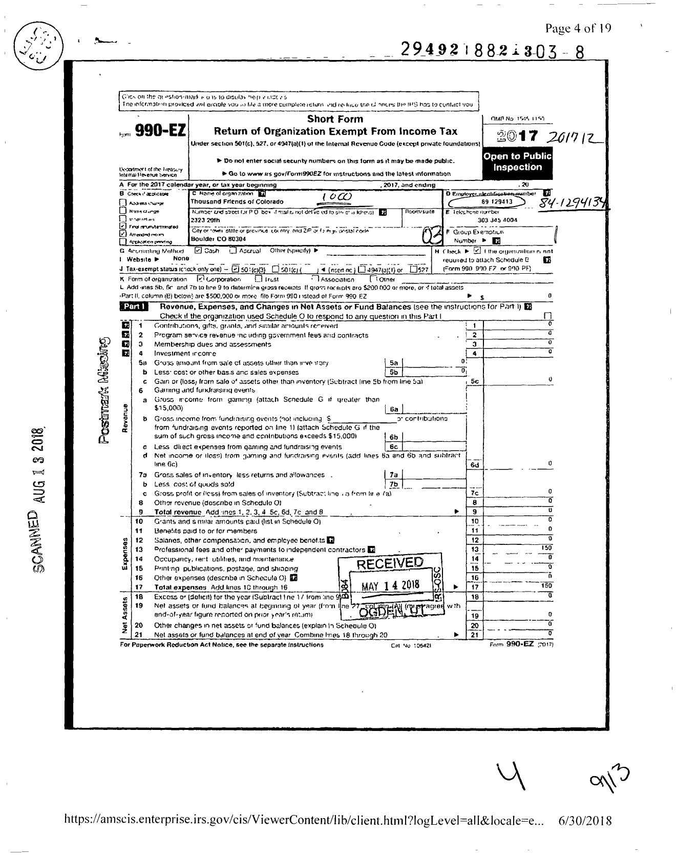 Image of first page of 2017 Form 990EZ for 1000 Friends of Colorado