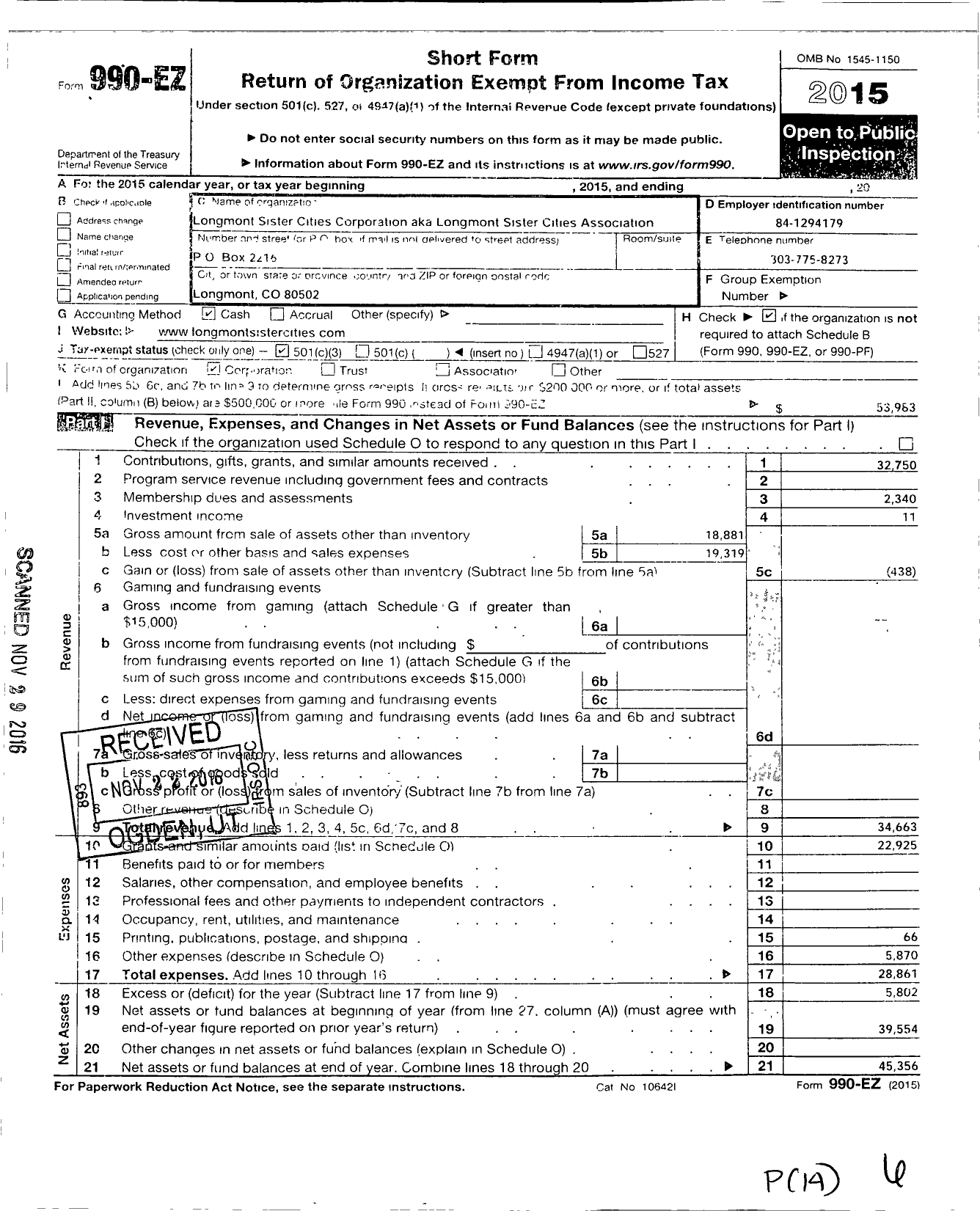 Image of first page of 2015 Form 990EZ for Longmont Sister Cities Association