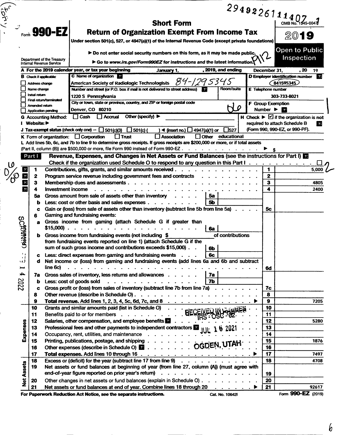 Image of first page of 2019 Form 990EO for American Society of Radiologic Technologists Colorado Society