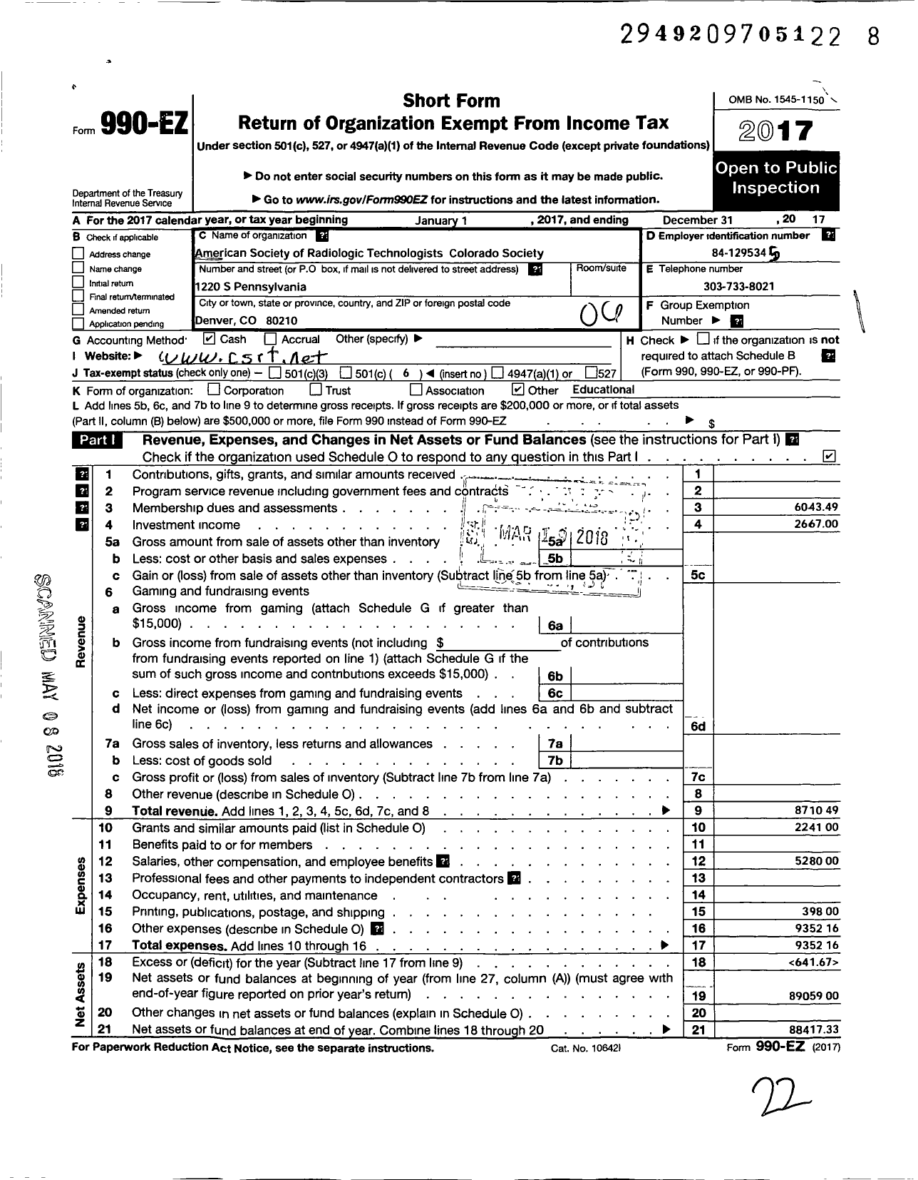 Image of first page of 2017 Form 990EO for American Society of Radiologic Technologists Colorado Society