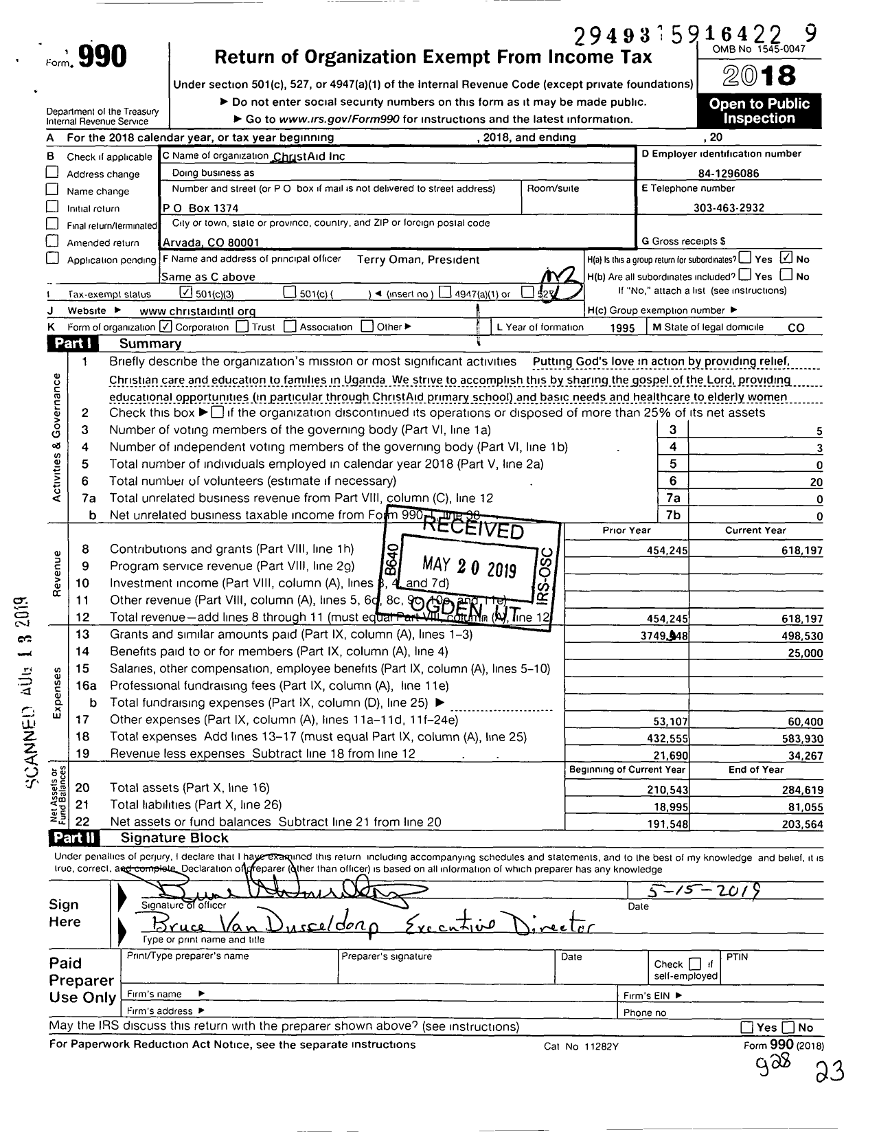 Image of first page of 2018 Form 990 for ChristAid International