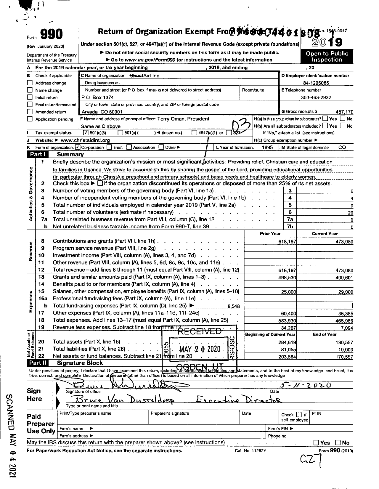 Image of first page of 2019 Form 990 for ChristAid International