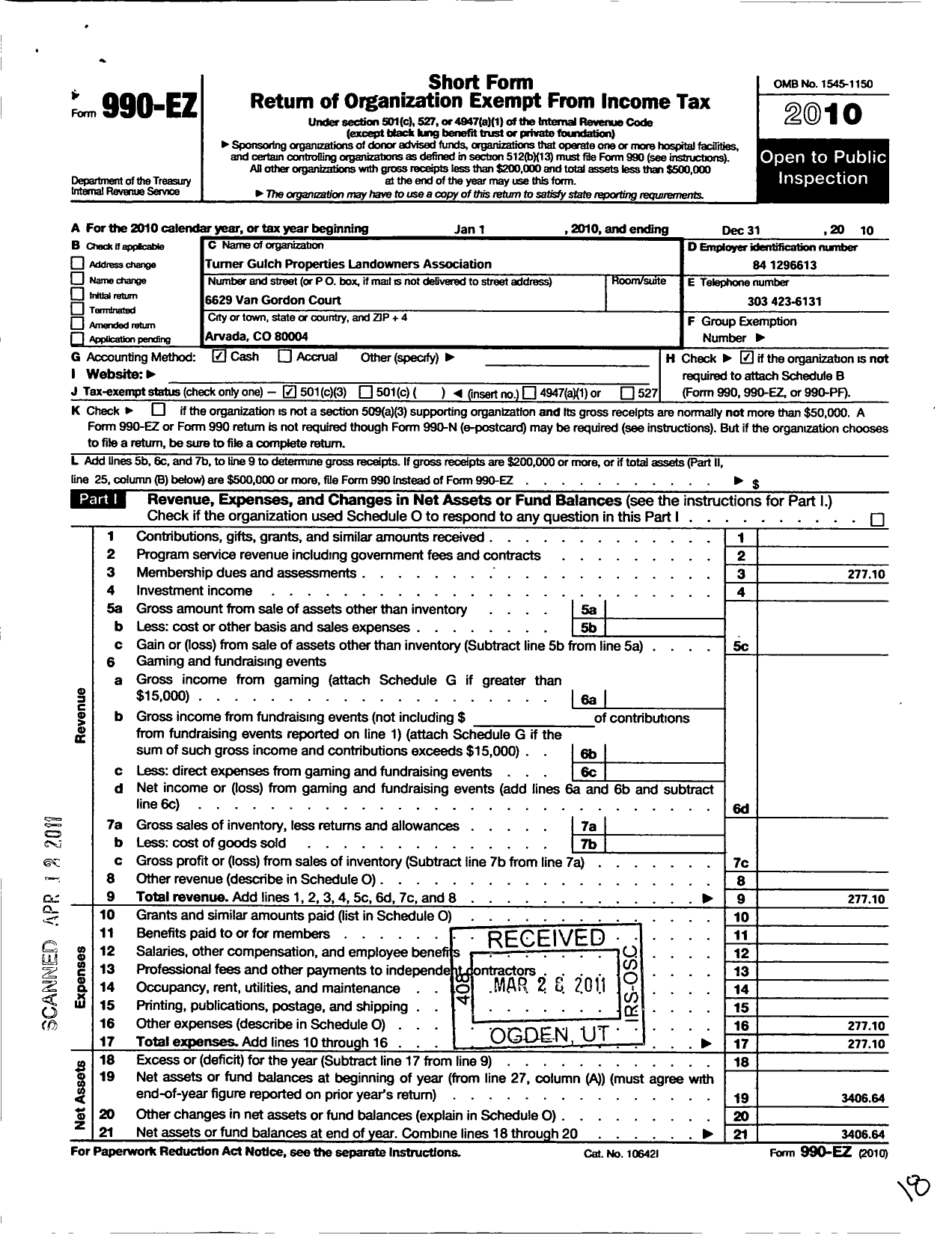 Image of first page of 2010 Form 990EZ for Turner Gulch Properties Landowners Association