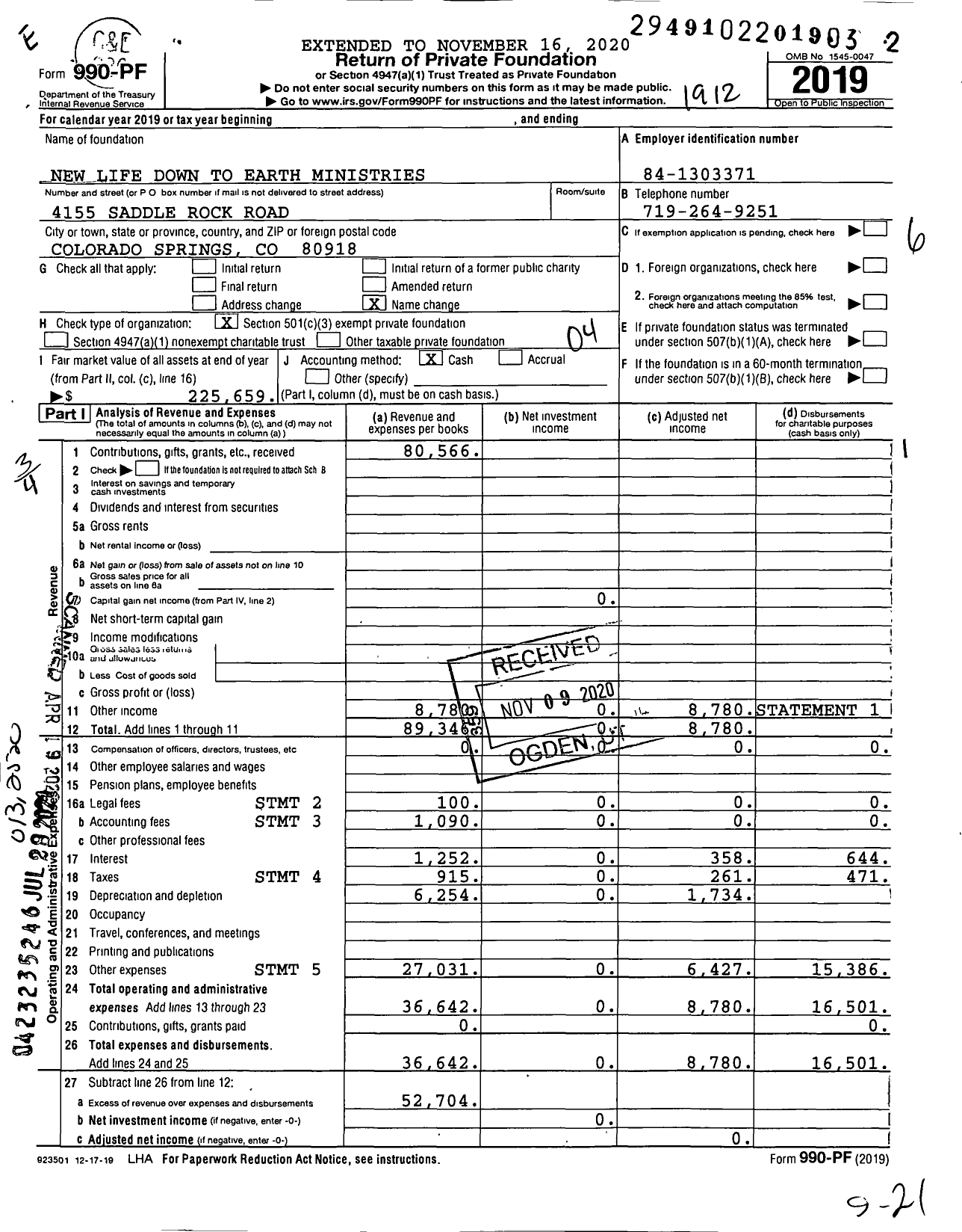 Image of first page of 2019 Form 990PF for New Life Down To Earth Ministries