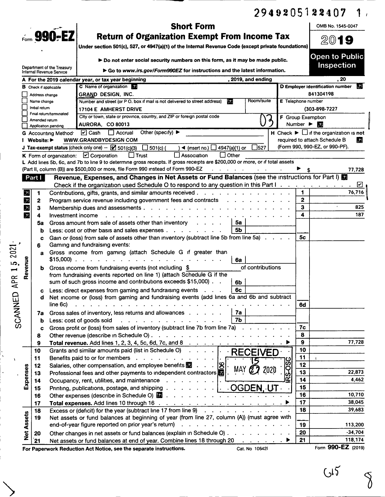 Image of first page of 2019 Form 990EZ for Grand Design