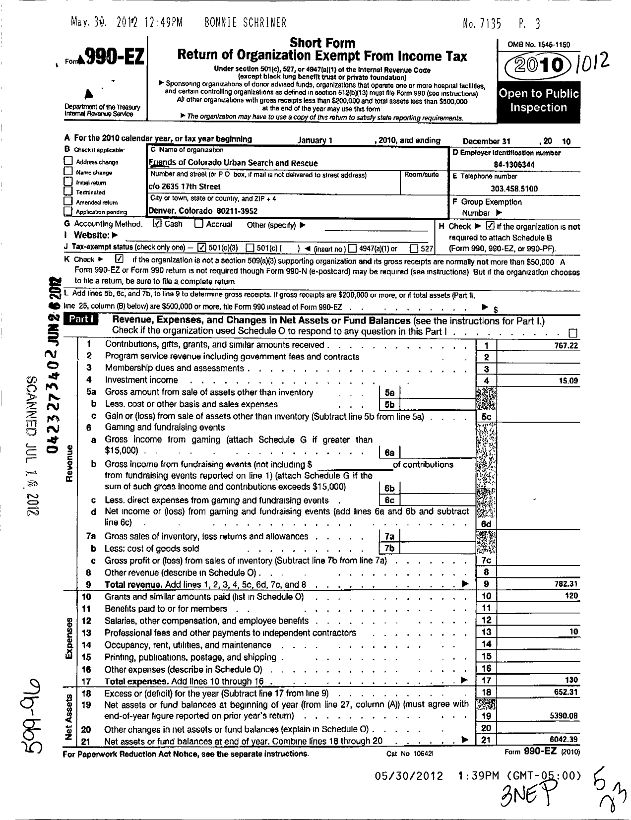 Image of first page of 2010 Form 990EZ for Friends of Colorado Usar