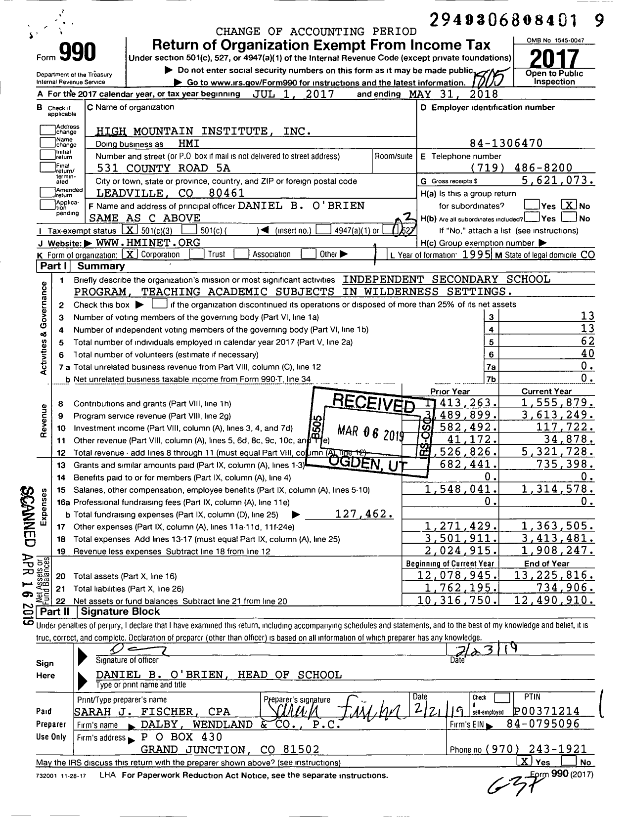 Image of first page of 2017 Form 990 for High Mountain Institute (HMI)