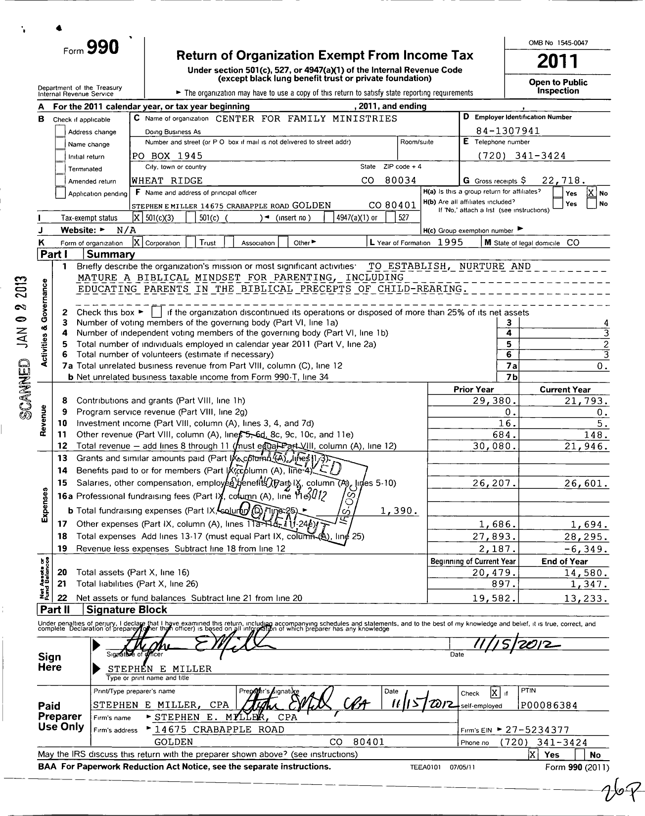 Image of first page of 2011 Form 990 for Center for Family Ministries