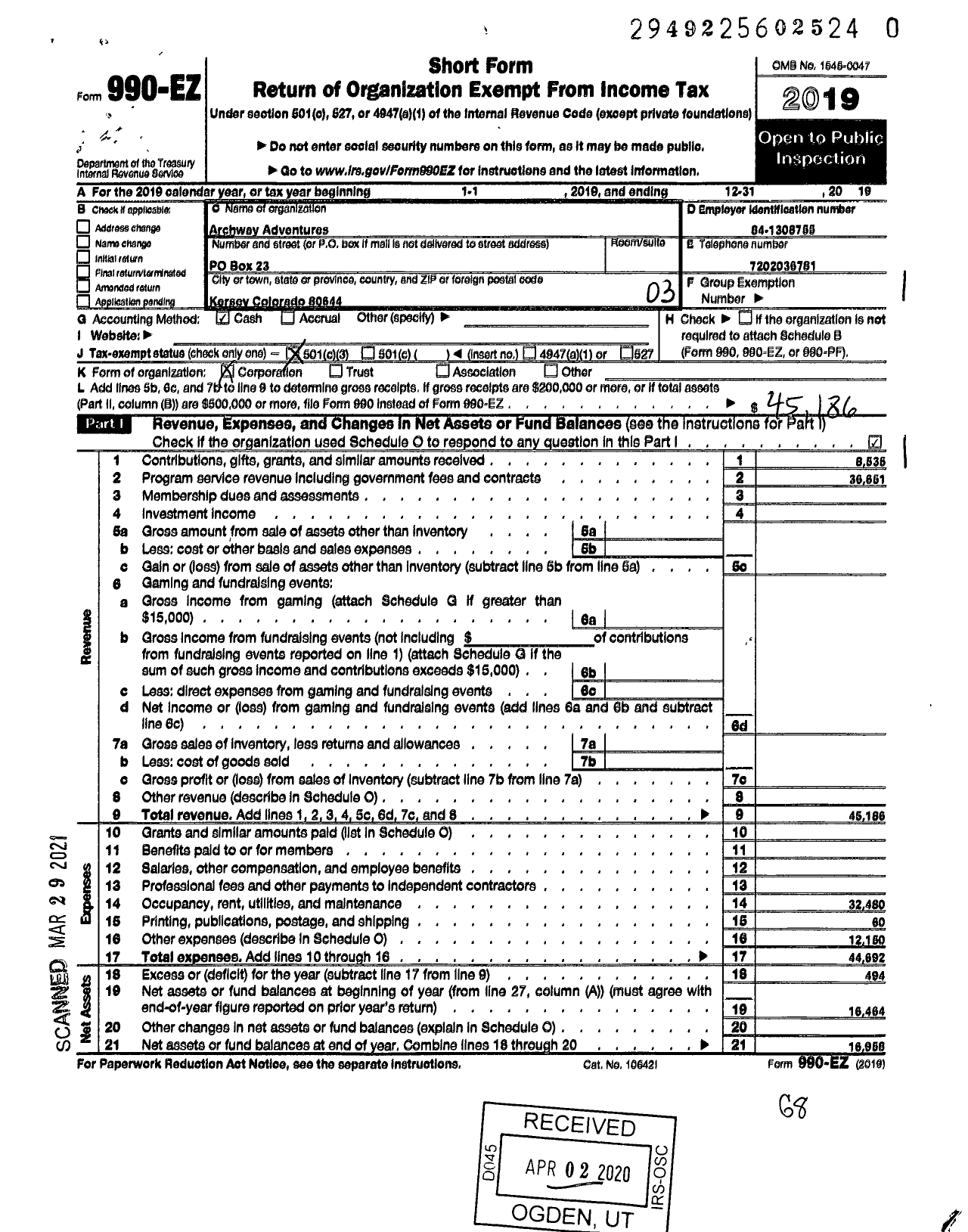 Image of first page of 2019 Form 990EZ for Archway Adventures