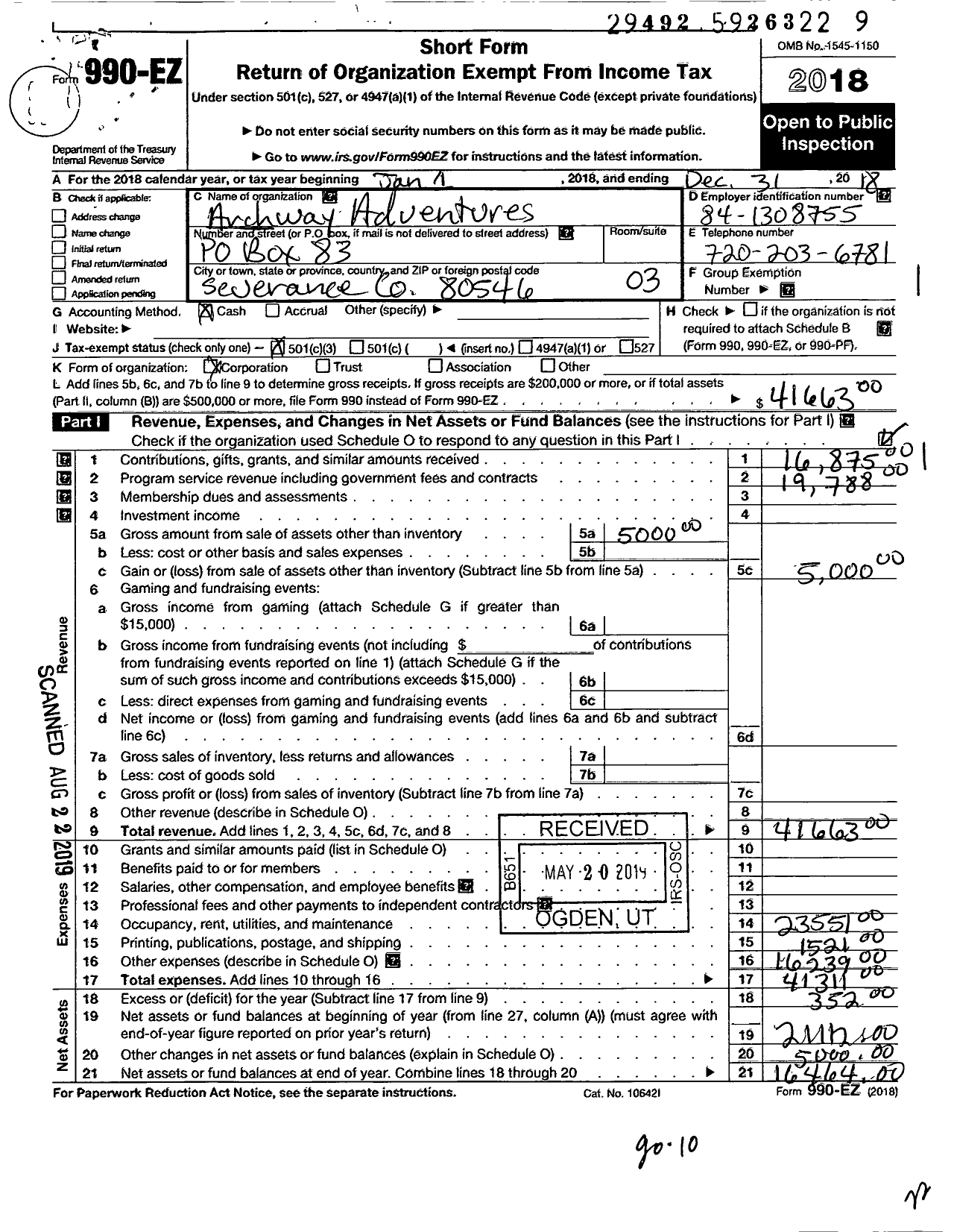 Image of first page of 2018 Form 990EZ for Archway Adventures