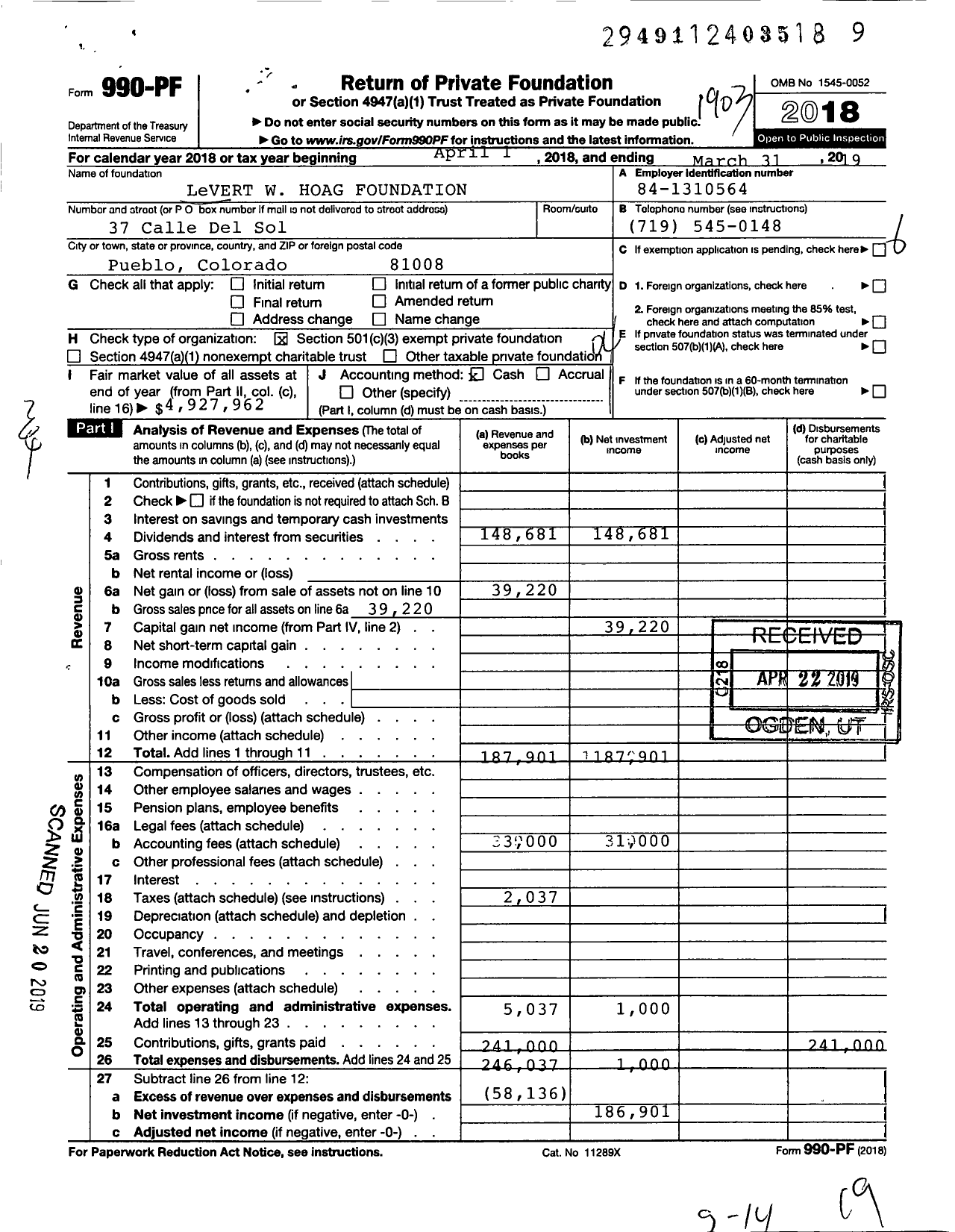 Image of first page of 2018 Form 990PF for LeVERT W HOAG FOUNDATION