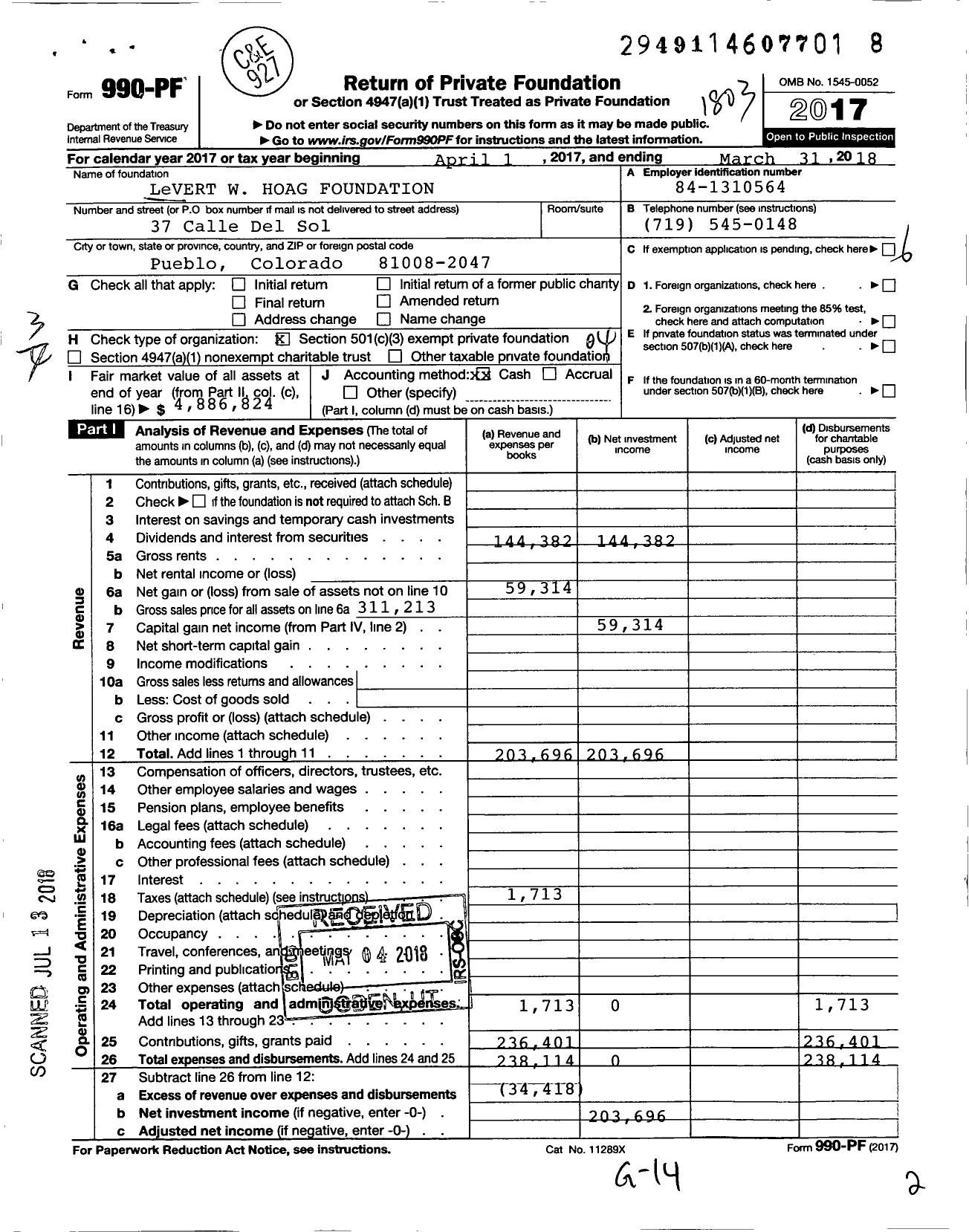 Image of first page of 2017 Form 990PF for LeVERT W HOAG FOUNDATION