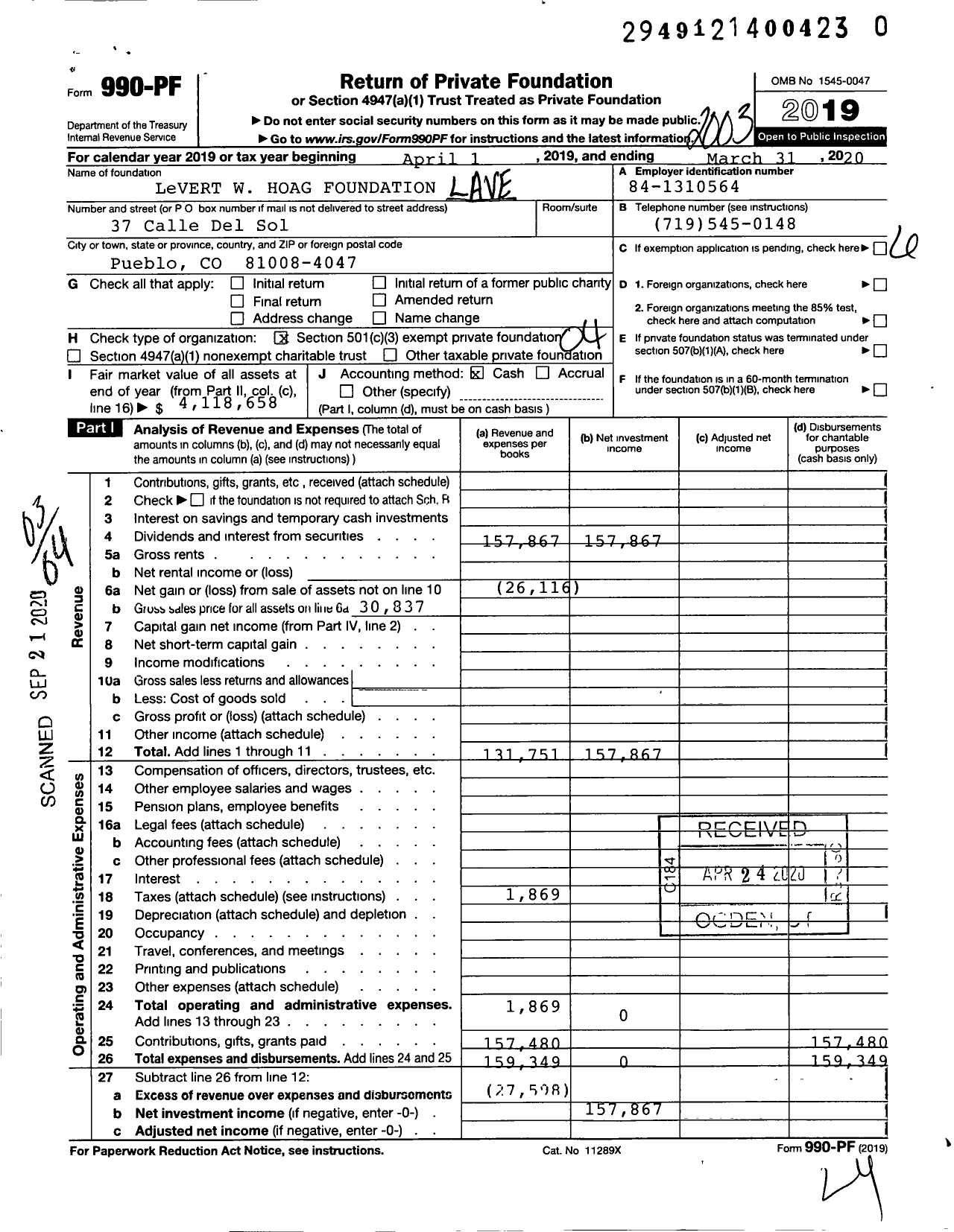 Image of first page of 2019 Form 990PR for LeVERT W HOAG FOUNDATION