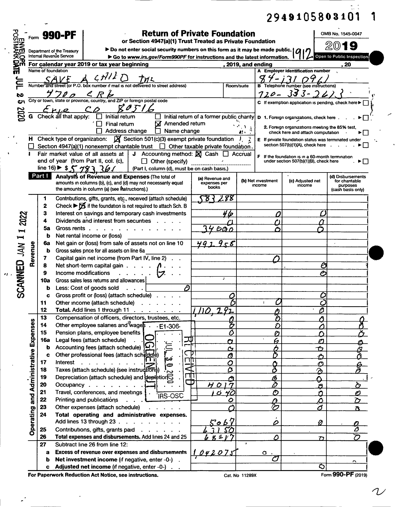 Image of first page of 2019 Form 990PF for Save A Child