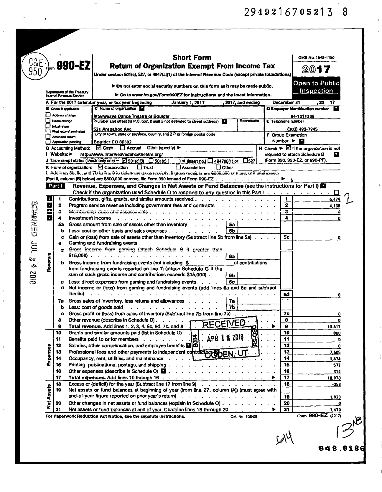 Image of first page of 2017 Form 990EZ for Boulder Jazz Dance Collective